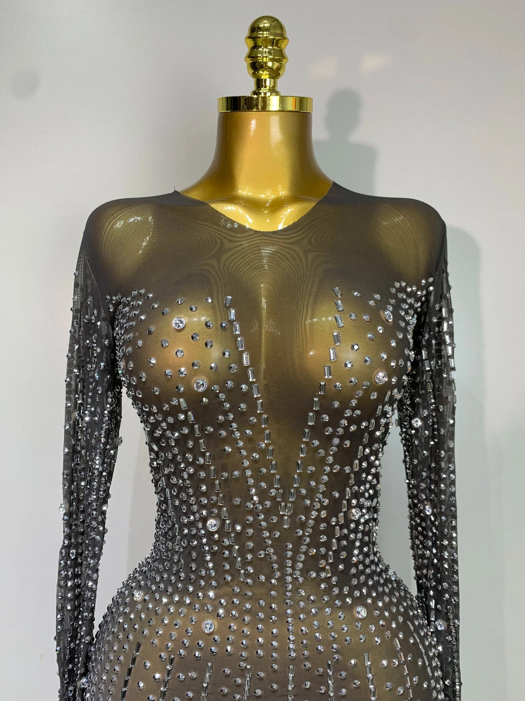 Women Sexy Long Sleeve Mesh See Through Dress  Elegant Evening Party Luxury Birthday Club Rhinestone Performance Costume