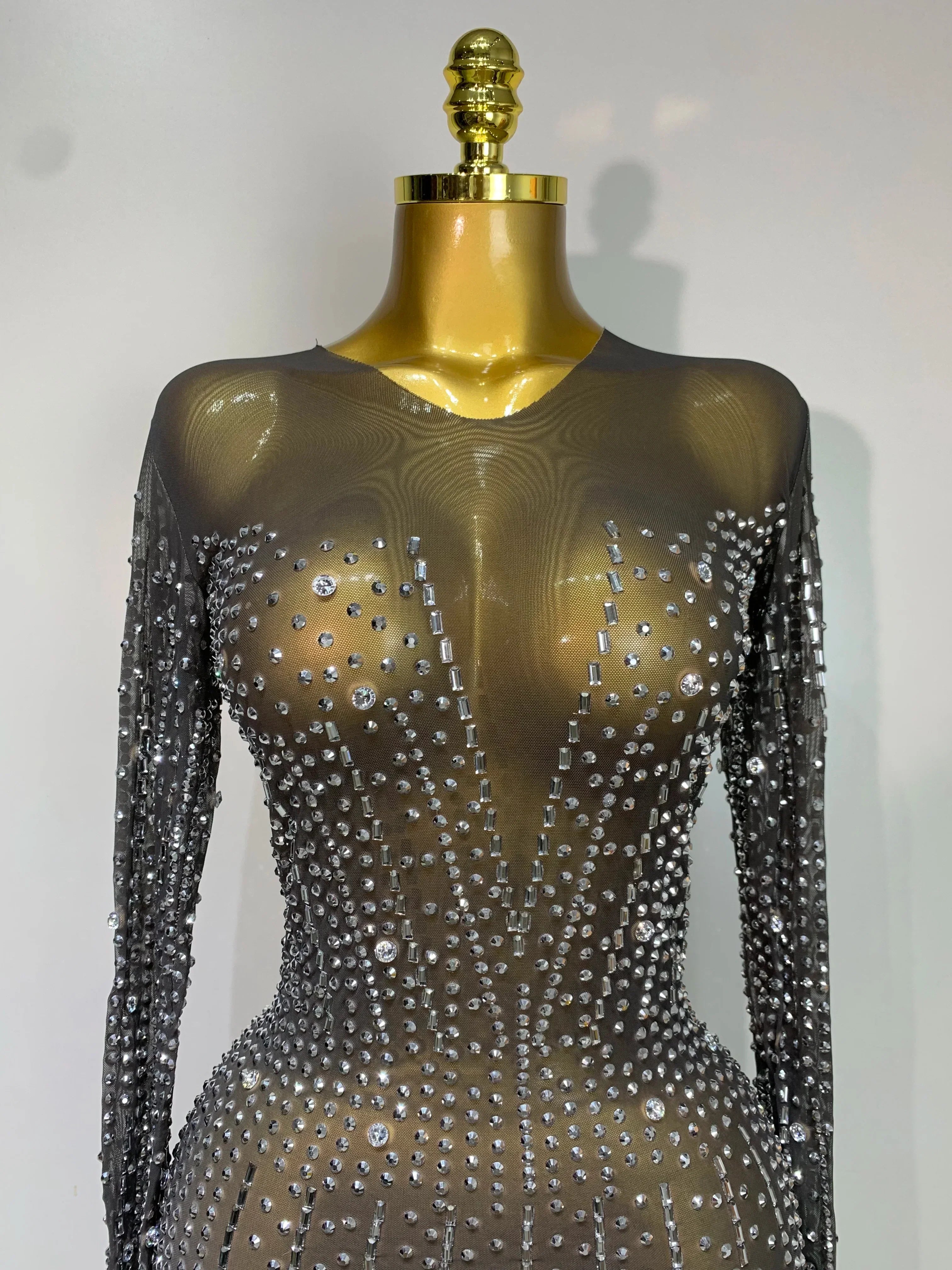 Women Sexy Long Sleeve Mesh See Through Dress  Elegant Evening Party Luxury Birthday Club Rhinestone Performance Costume