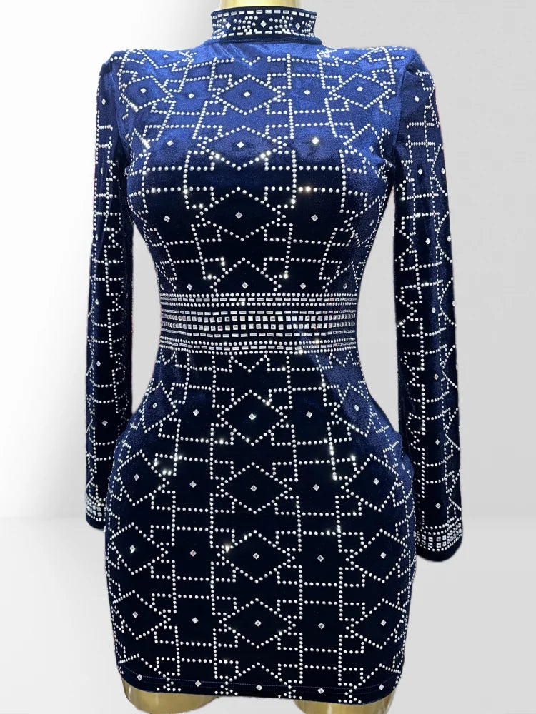Dark Blue Velvet Luxury Diamonds O-neck  Tuck Waist Mini Dress Fashion Woman Party Dress Celebration Birthday Vestido
