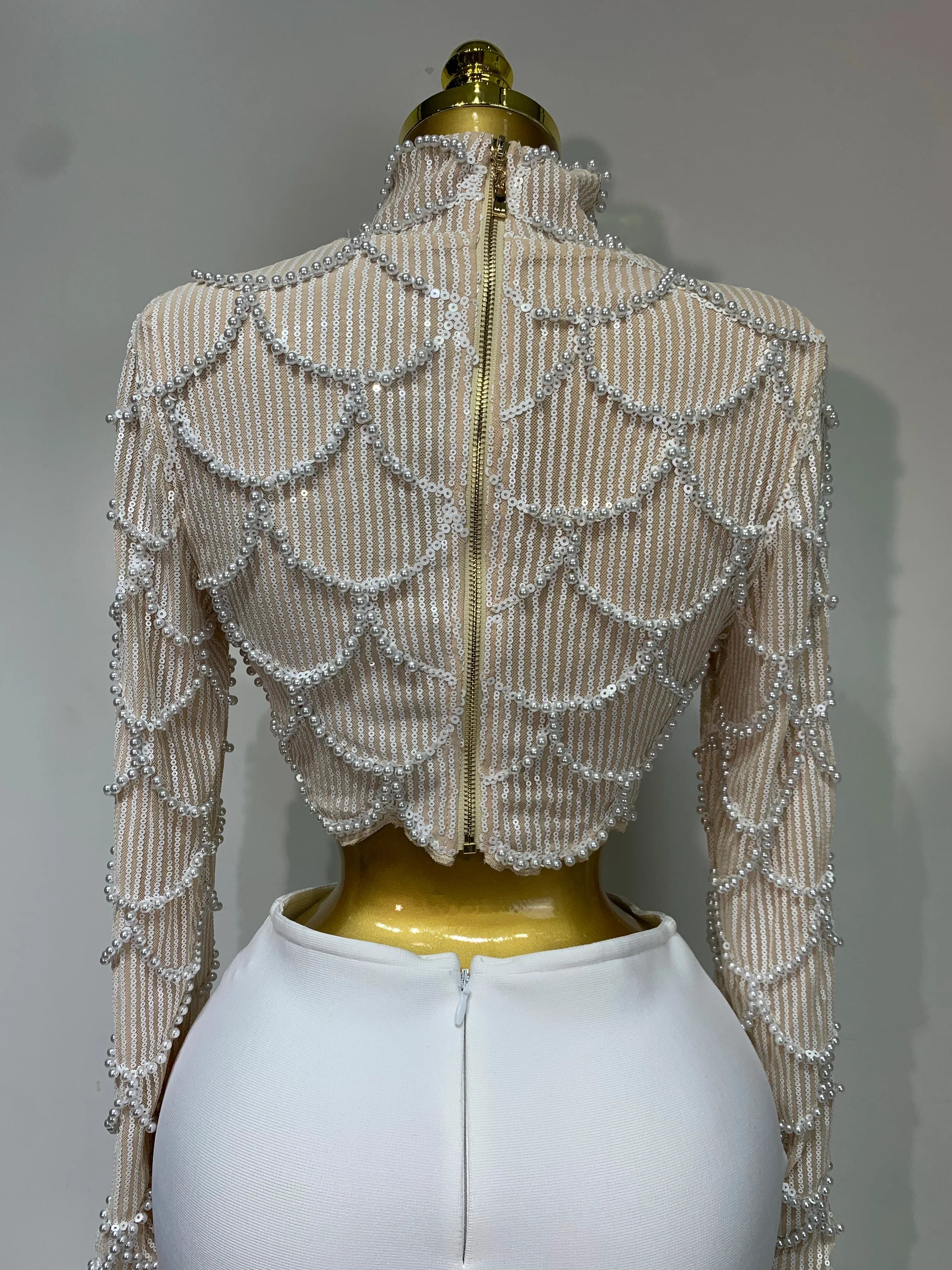 Women Long Sleeve Sexy Beading Tops Two Pieces Set Bodycon Long Bandage Dress Luxury Birthday Evening Party Wedding Guest Gowns