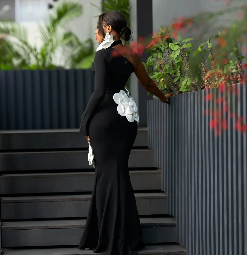 Black Color Women Sexy Long Sleeve One Shoulder White Florals Bodycon Long Bandage Dress Celebrate Evening Party Birthday Wear