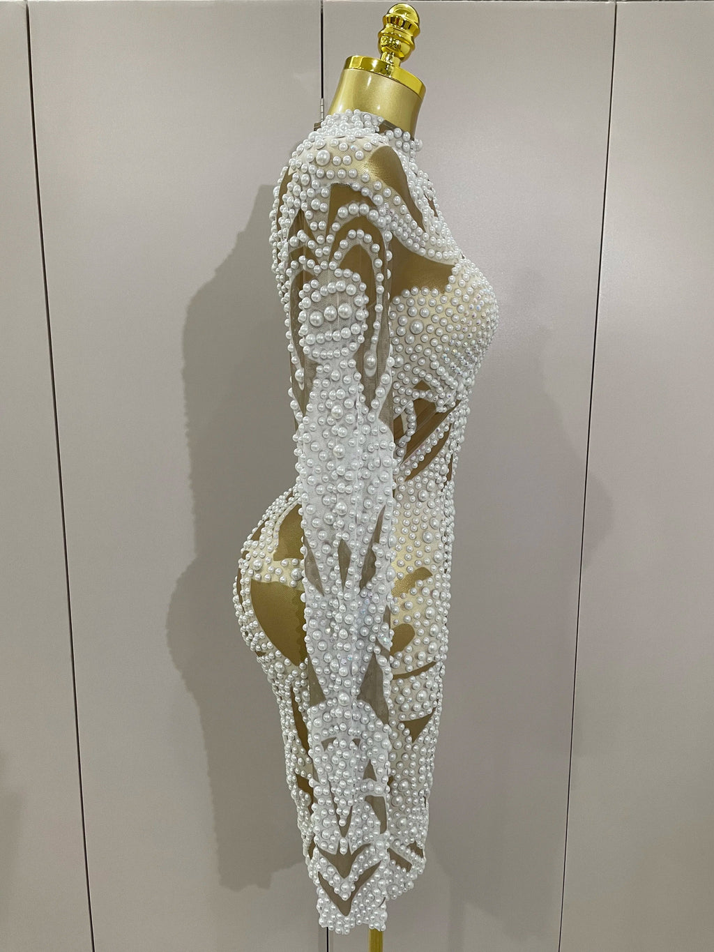 High-end Elegant Evening Gown AB Rhinestones Pearls Luxury Long Sleeves Mesh Dress Women Cocktail party Wedding Costume