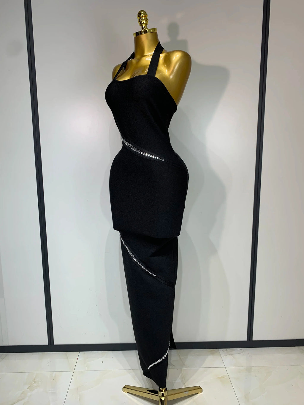 Women Celebrity Sexy Backless Halter Black Crystals Bandage Dress Knitted Elegant Evening Club Party Luxury Birthday Dress