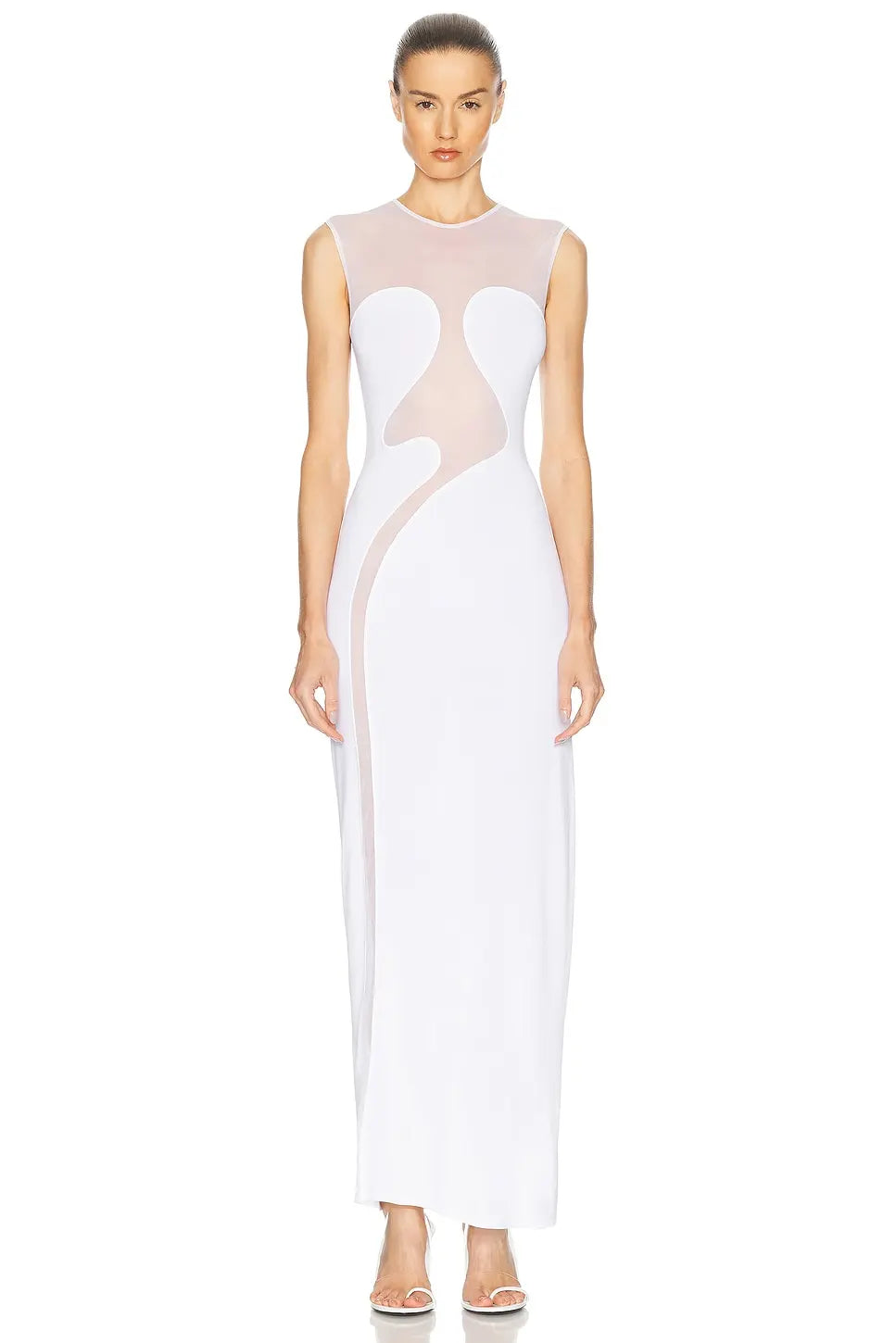 Black White Women Sleeveless Sexy O-Neck Bodycon Bandage Long Dress Mesh Celebrate Evening Party Nightclub Outfit Wholesale WHITE