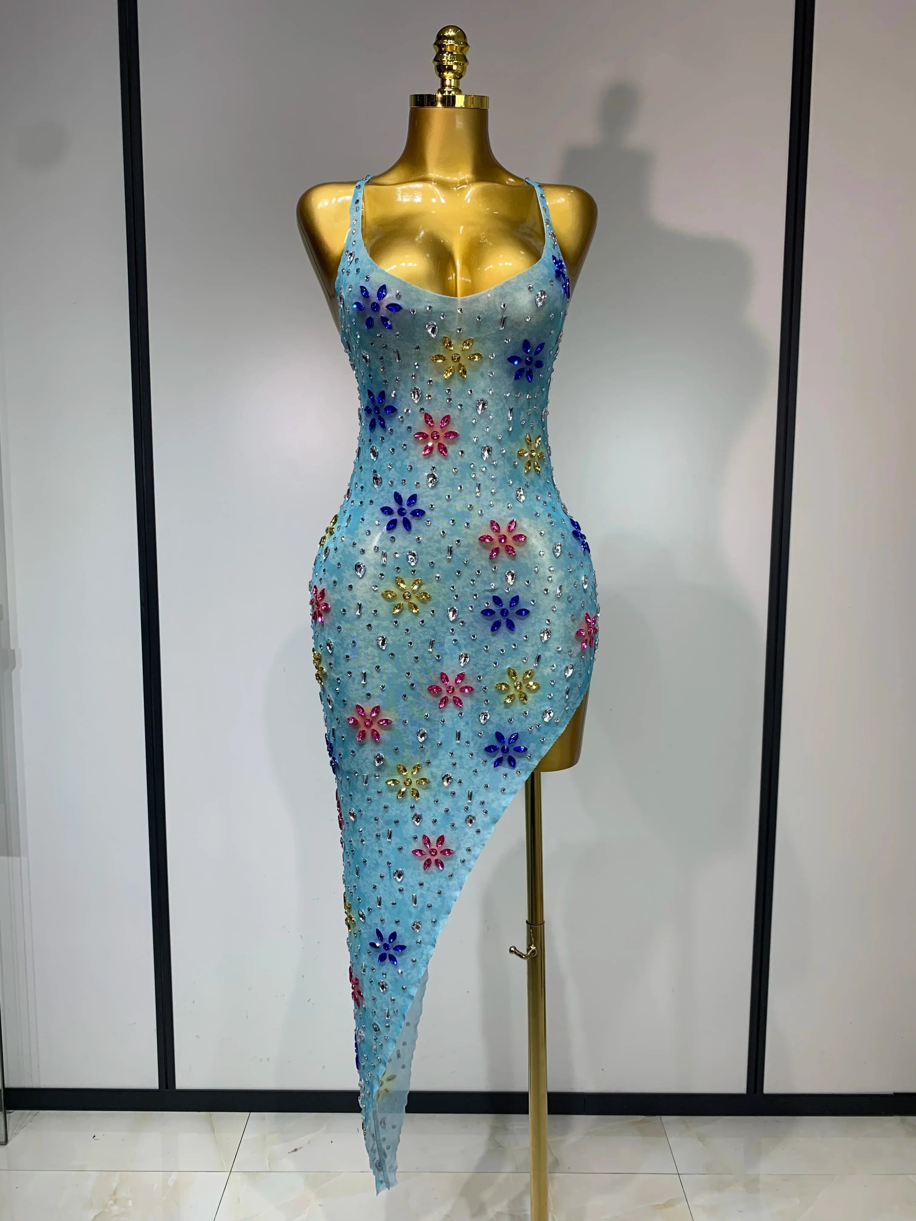 Women Sexy Mesh See Through Stretchy Sparkly Rhinestone Performance Costume Stage Dancer Nightclub Party Luxury Birthday Dress SKY BLUE
