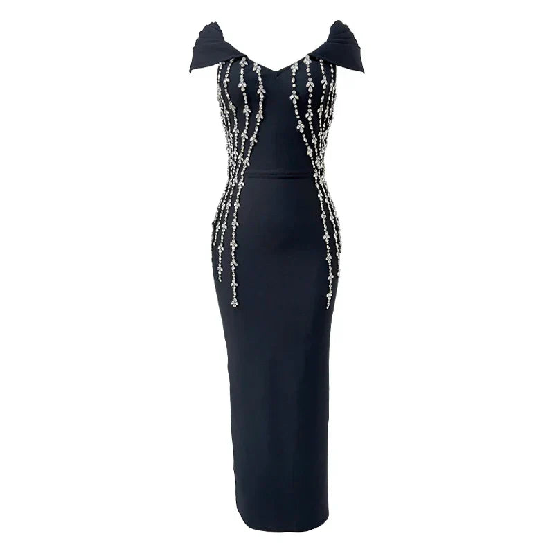 Shinning Crystal Women Sexy Short Sleeve V-Neck Bodycon Bandage Long Dress Elegant Evening Party Celebrate Outfit