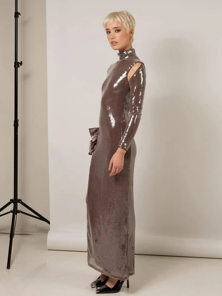 Brown Shinning Sequins Womne Long Sleeve Sexy Florals Bodycon Long Dress High Split Nightclub Party Celebrate Birthday Dress