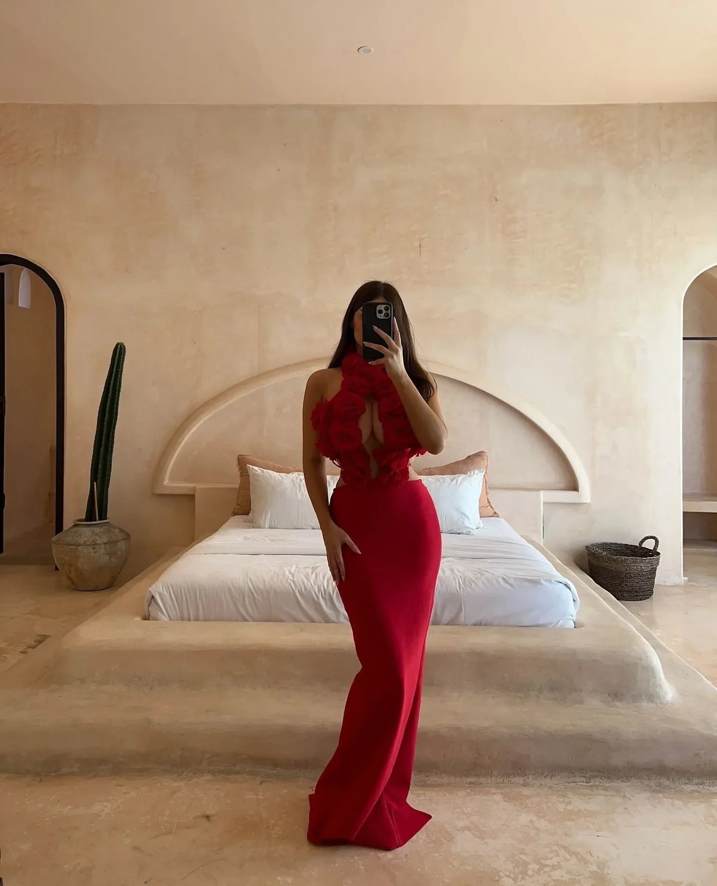 Red Color Women Sexy Halter Florals Keyhole Bodycon Long Bandage Dress Laced-up Backless Nightclub Party Celebrate Wear