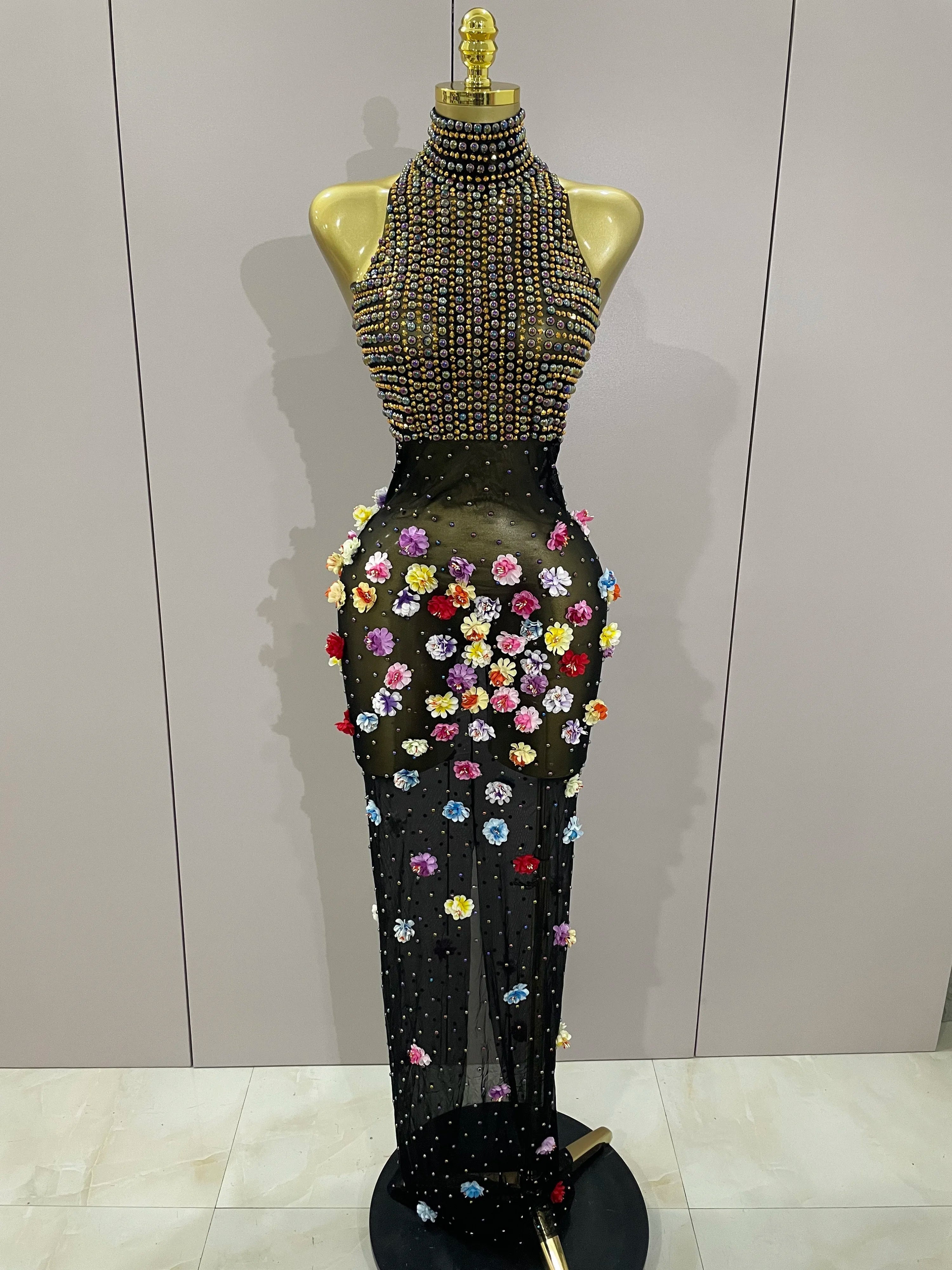 Sparkly Rhinestones Flowers Sexy See Through Long Dress Women Birthday Celebrate Wedding Evening Prom Dress Photo Shoot Wear MULTI