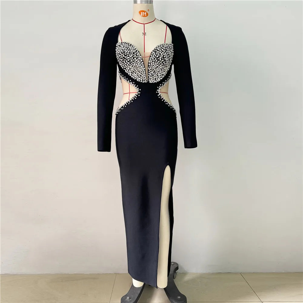 Black Color Women Long Sleeve Shinnign Crystal Waist Mesh Bodycon Bandage Long Dress Nightclub Party Celebrate Evening Dress