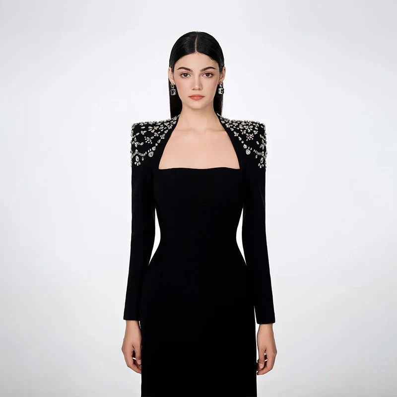 Black Winered Women Long Sleeve Square Collar Shinning Crystal Bodycon Long Bandage Dress Elegant Evening Party Wear black