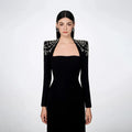 Black Winered Women Long Sleeve Square Collar Shinning Crystal Bodycon Long Bandage Dress Elegant Evening Party Wear black