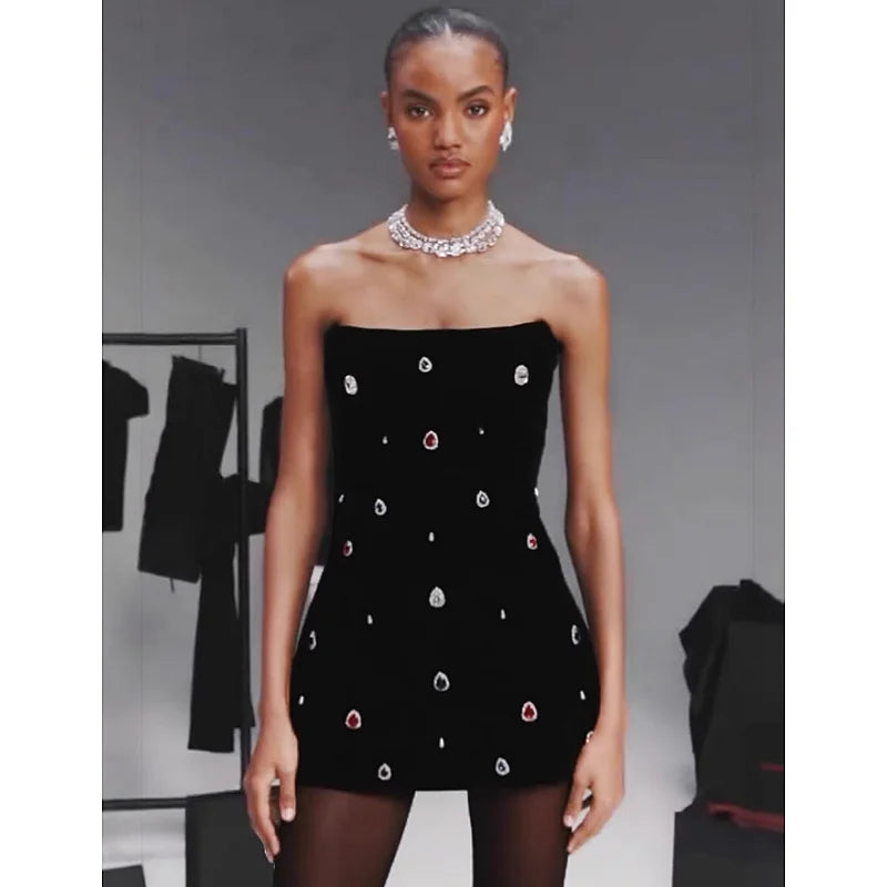 Shining Colorful Diamonds Strapless Black Bandage Mini Dress Fashion Woman Party Vestido Celebrity Birthday Outfit black