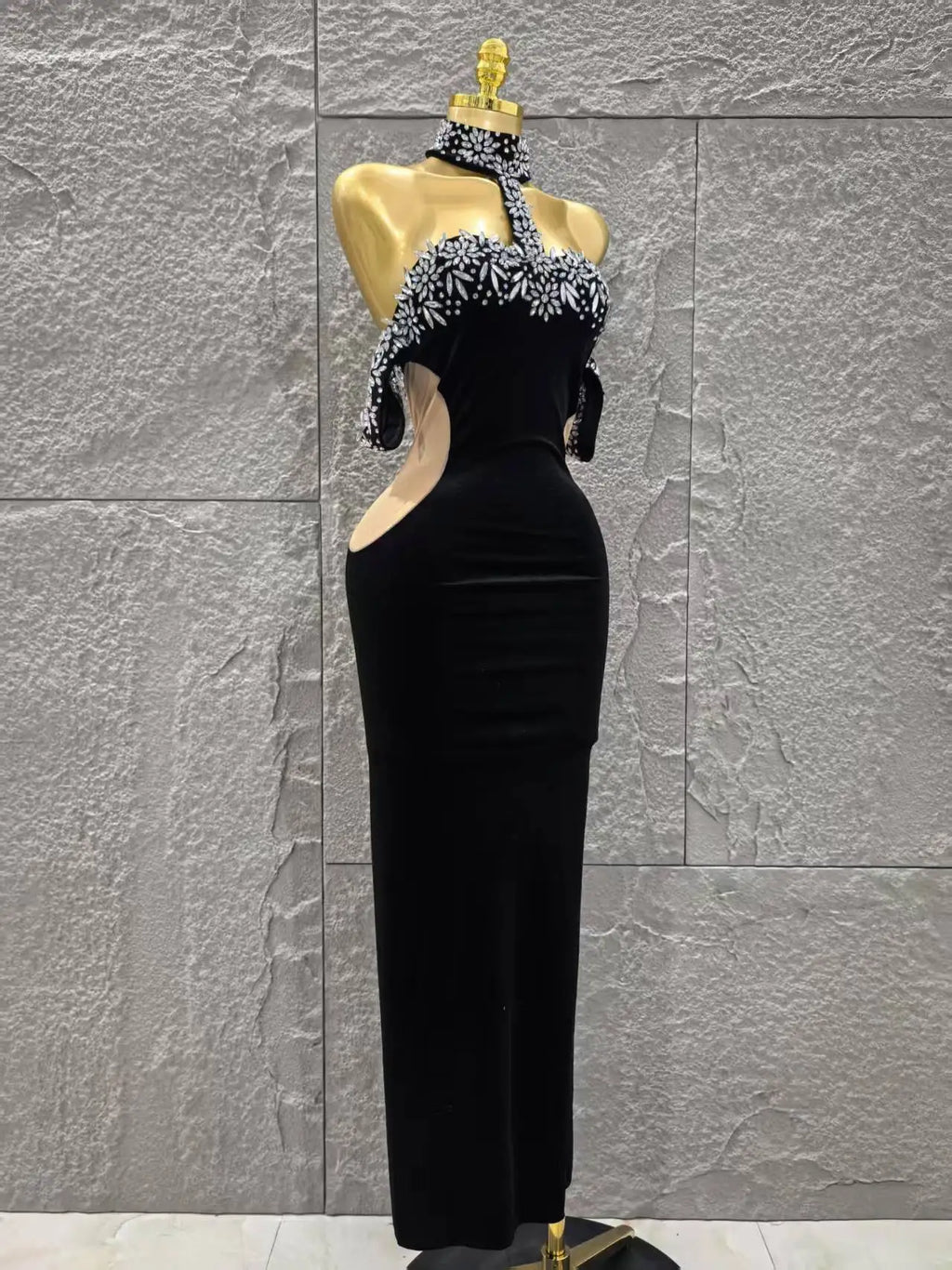 Women Sexy Off the Shoulder Shinning Crystal Bodycon Long Dress Velvet Celebrate Nightclub Party Birthday Dress