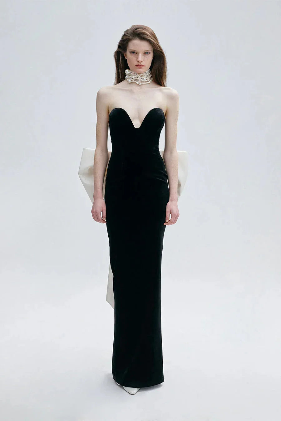 Women Sexy Strapless Big White Bow Bodycon Long Bandage Dress Nightclub Party Celebrate Cocktail Outfit Vestido