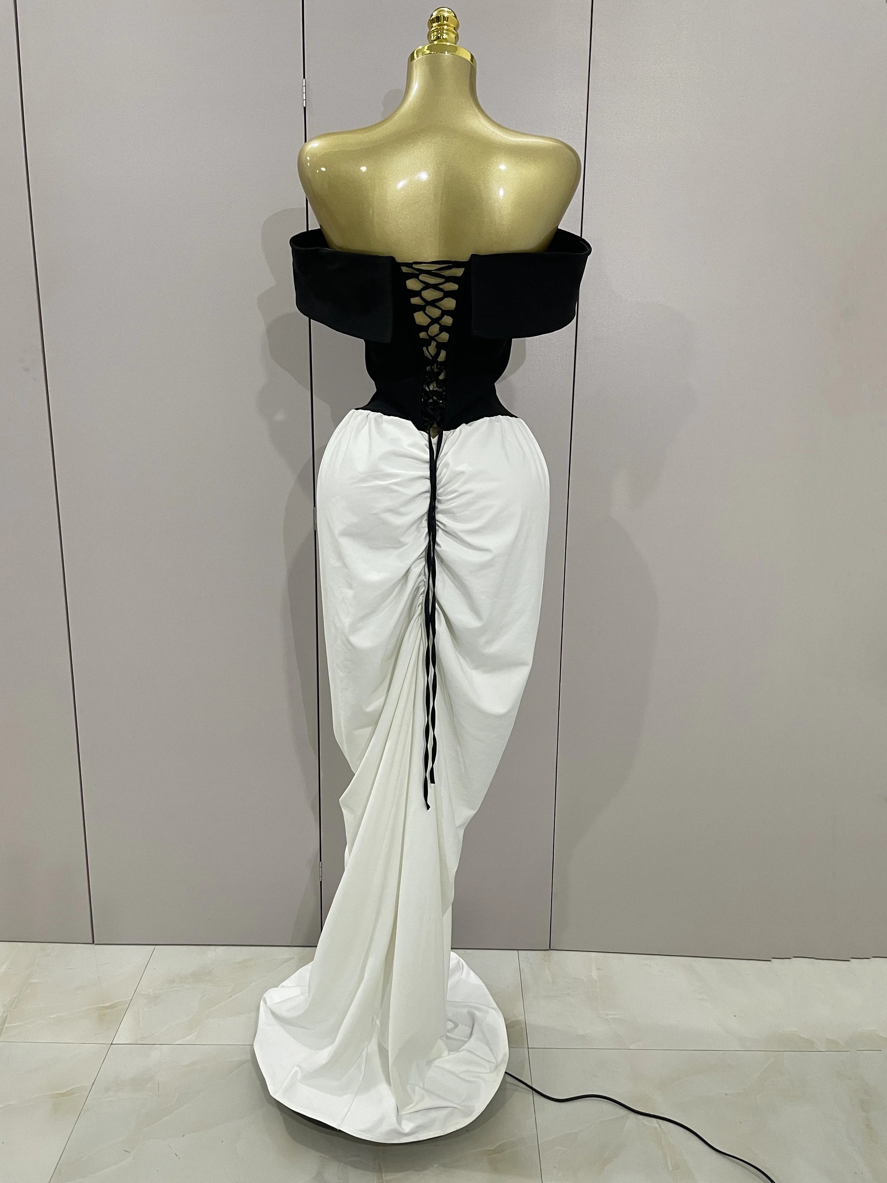 Sexy V Neck off-The-Shoulder Black And White Splicing Mermaid Floor-length dress  Women Formal Evening Birthday Party Dress
