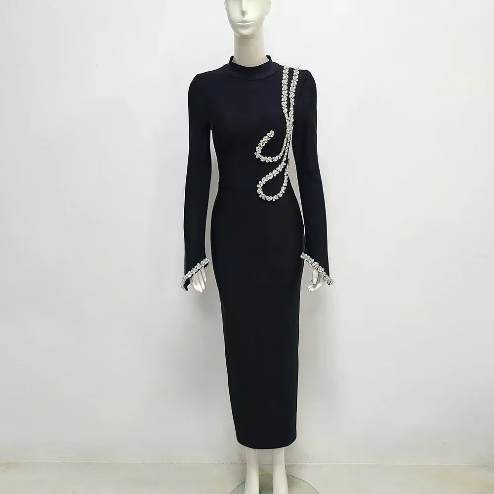 Women Long Sleeve Sexy Shinning Crystal Bodycon Long Bandage Dress Celebrate Evening Party Nightclub Outfit Wear black