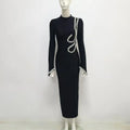 Black Color Women Long Sleeve Shinning Crystal Bodycon Bandage Long Dress Fashion Celebrate Evening Party Cocktail Dress black