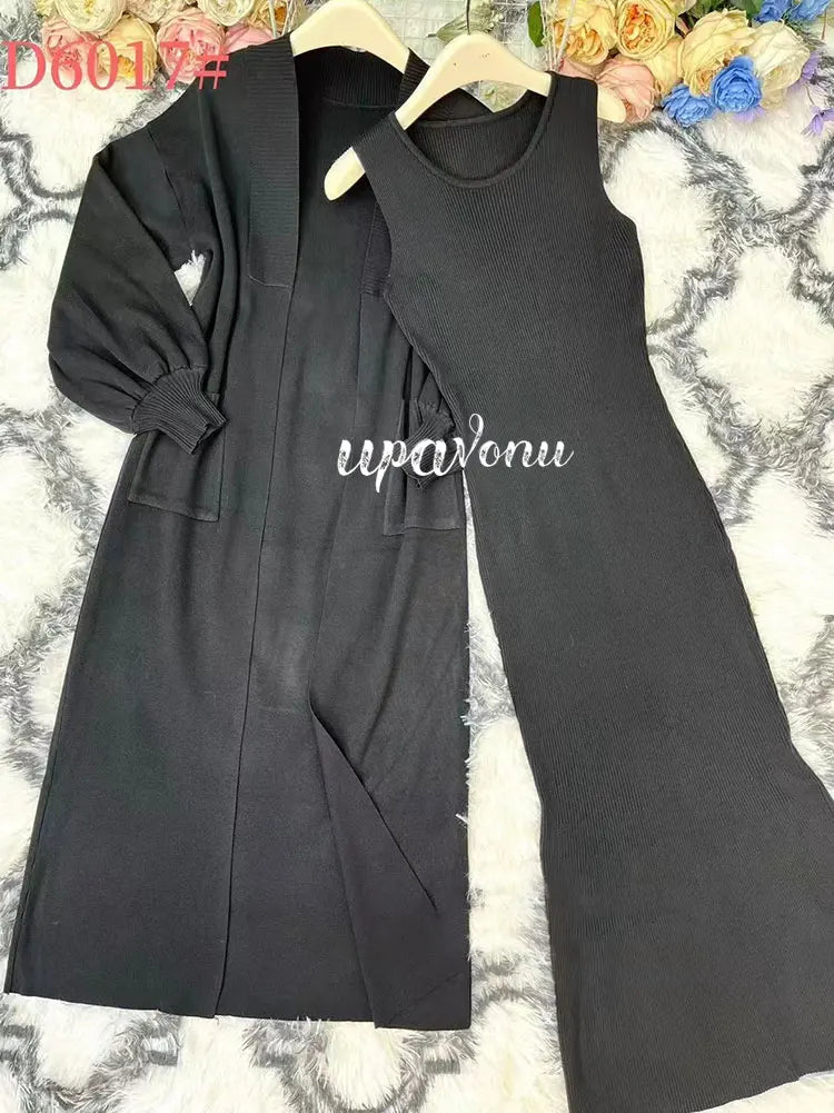Casual Solid Knitted Sweater Long Dress Set Women Long Sleeve Loose Long Cardigan Coat&Sleeveless Mid length Dress Two Piece Set black