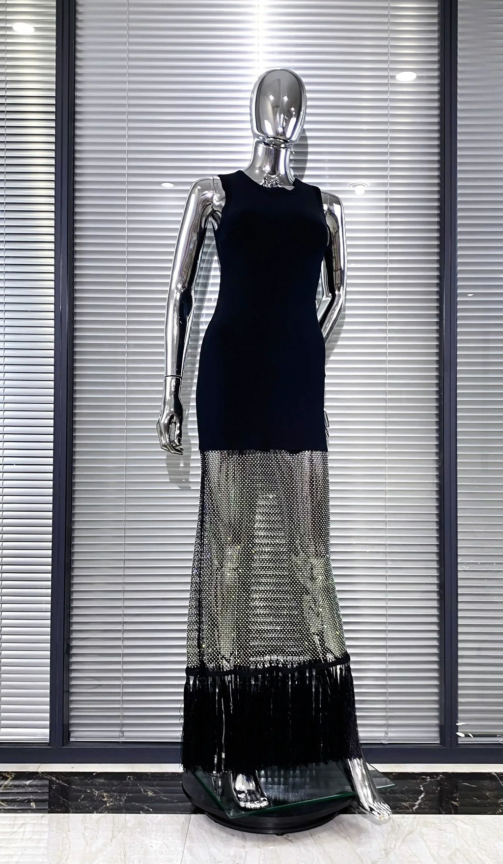 Shining Diamond See Through Mesh Tassels Black Bandage Ankle Length Dress Fashion Woman Party Dress Birthday Party Outfit
