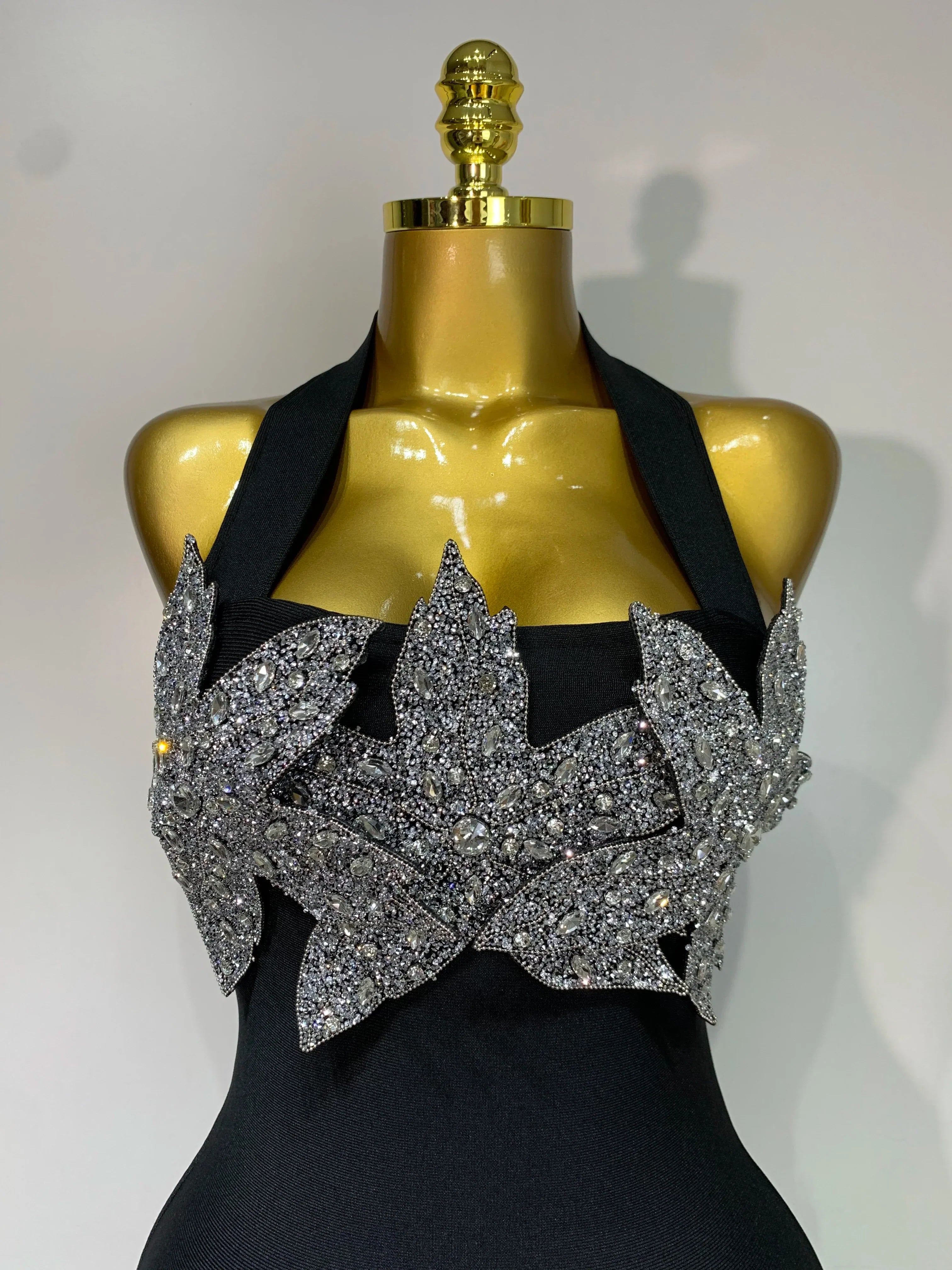 Women Sexy Sleeveless Halter Backless Shiny Diamond Flower Bodycon Bandage Dress Celebirty Elegant Evening Party Birthday Dress