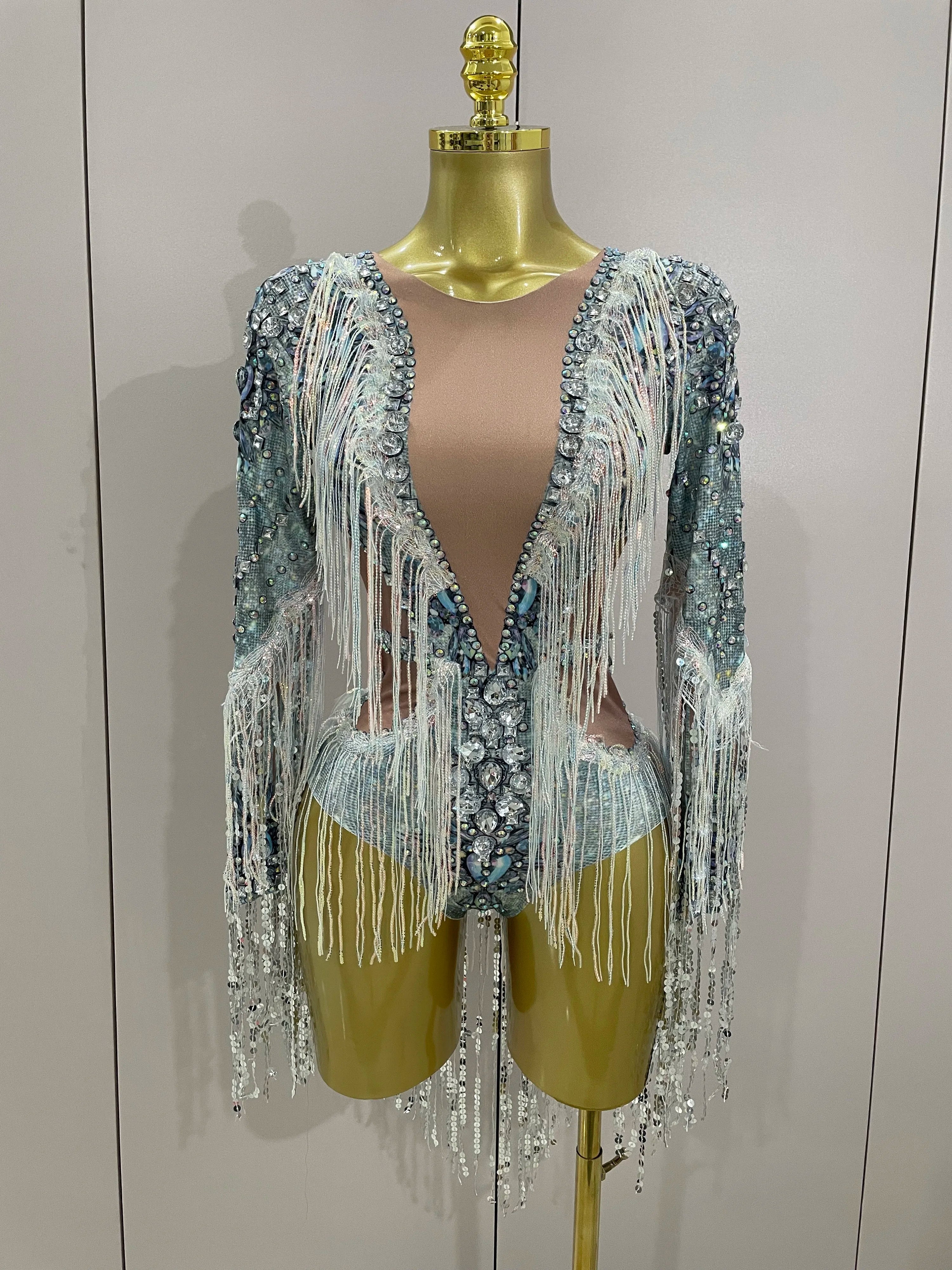 Flashing Sequins Tassels Sexy See-Through Sheath Bodysuit Evening Party Nightclub Dancer Stage Perfprmance Costume MULTI