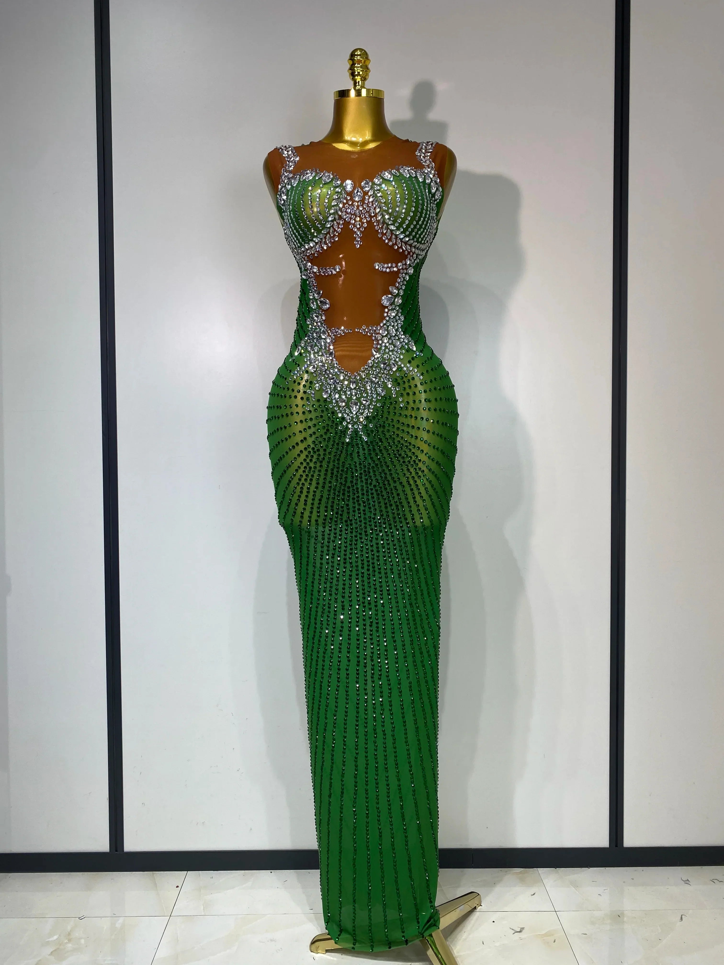 Women Sexy Sparkly Rhinestones Sleeveless Long Dress Club Birthday Celebrate Evening Photo Shoot Stage Performance Costume green