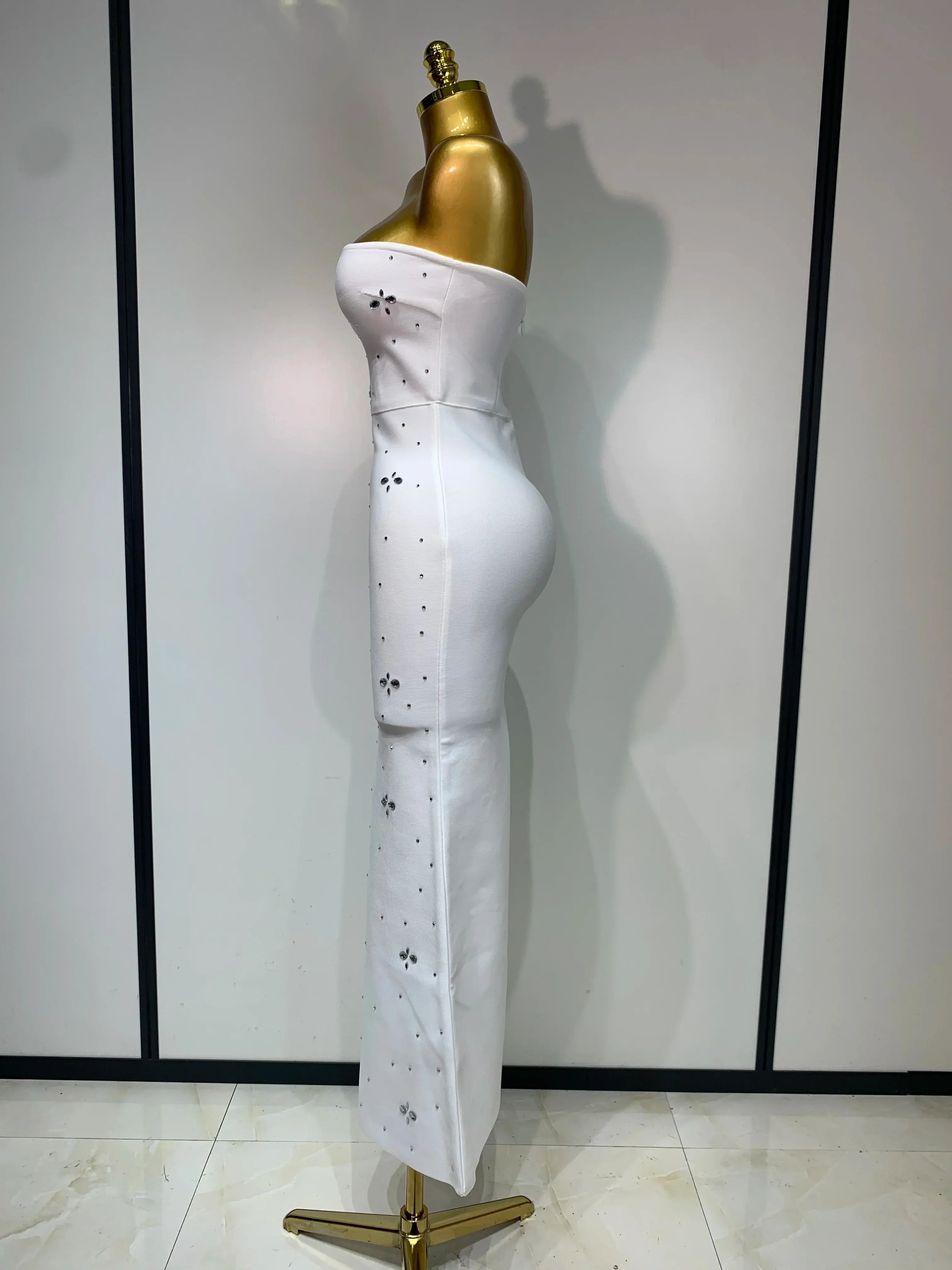 Luxury Rhinestone Sexy Strapless Backless Long Bodycon Bandage Dress   White Elegant Evening Party Birthday Club Dress
