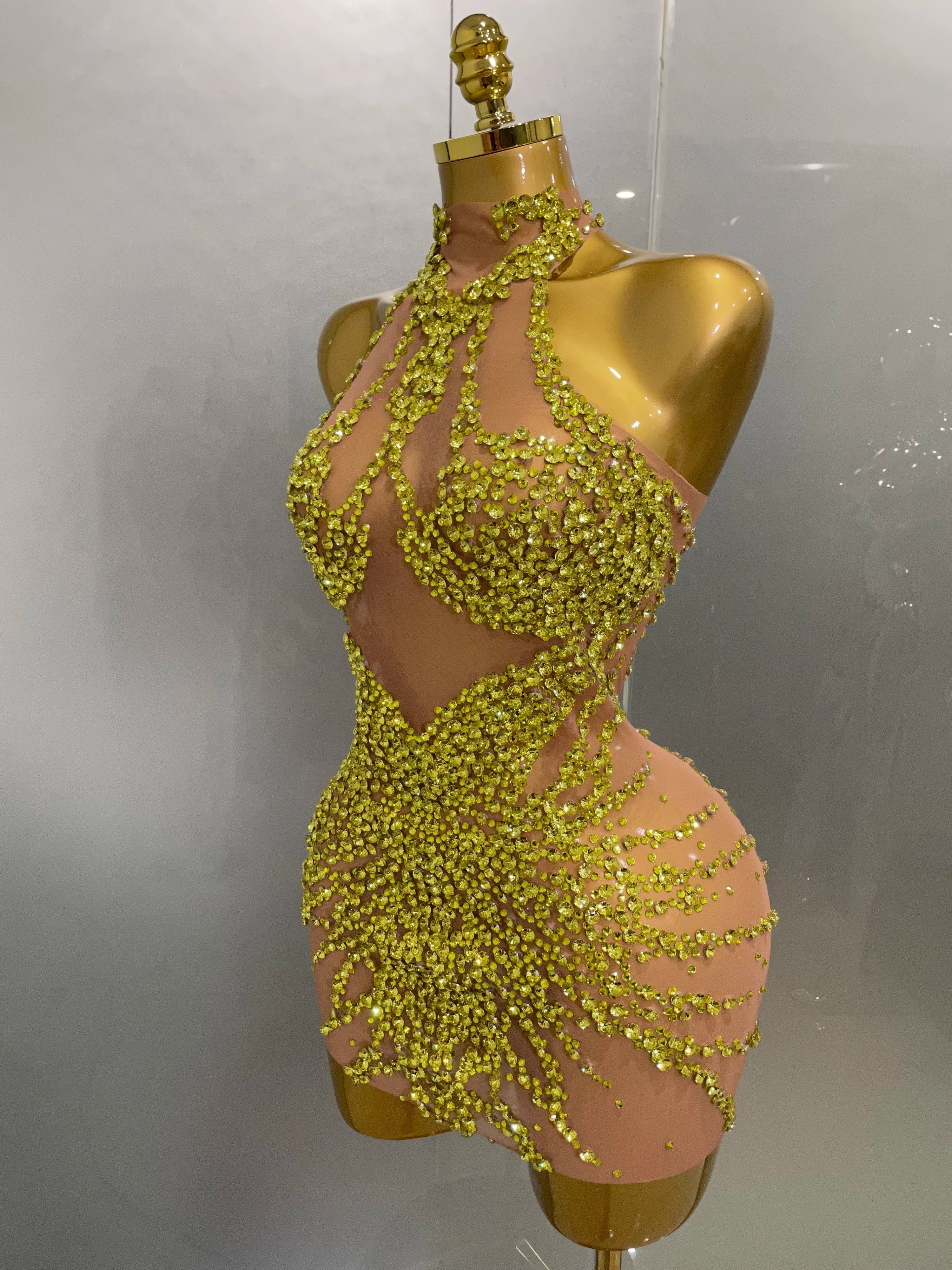 Luxury Sparkle Rhinestones Mesh Transparent Prom Dress  Women Sexy Birthday Celebrate Party Club Prom Outfit Bar Costume
