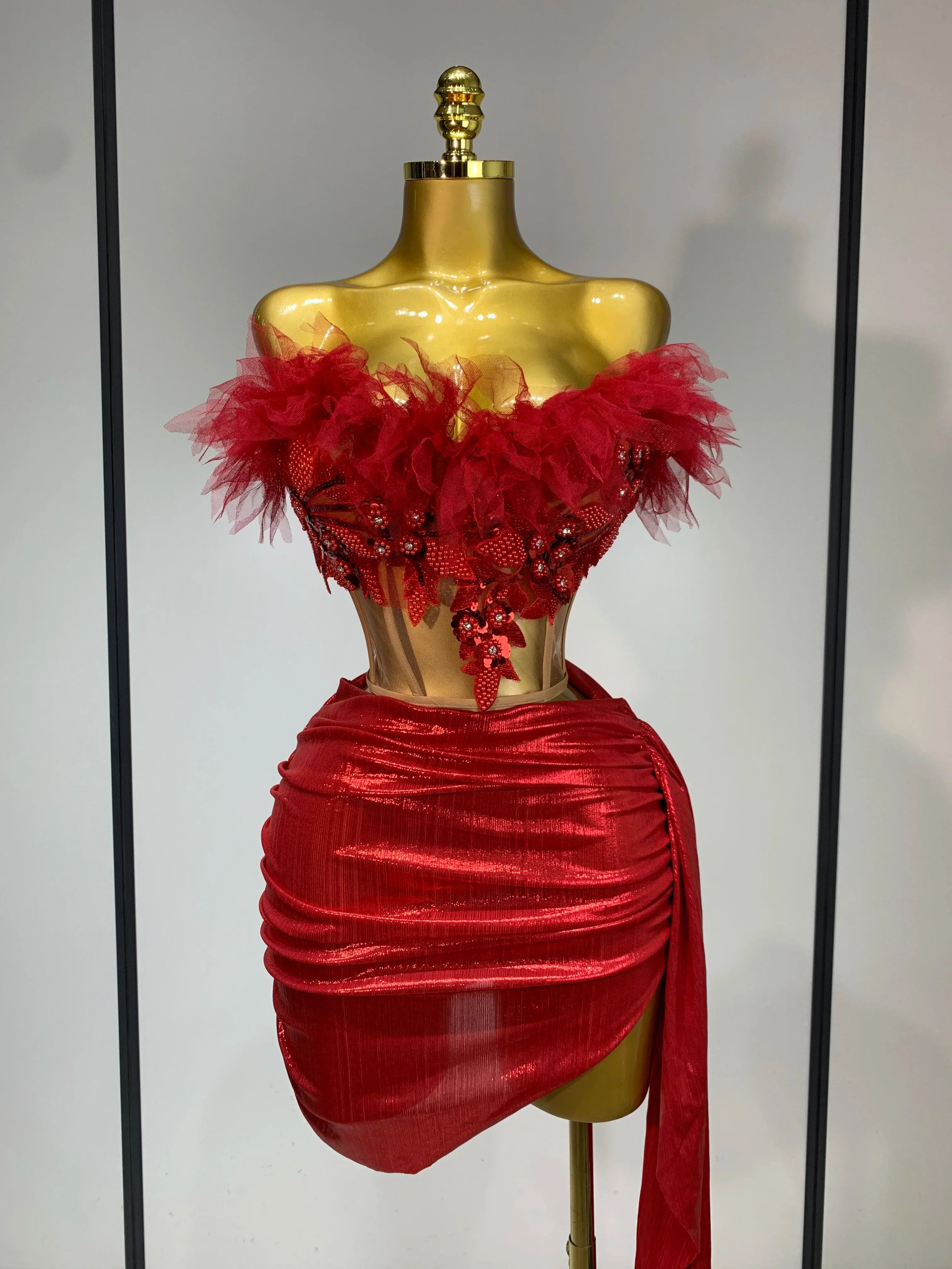 Women Sexy Two Pieces Set Beading Bodycon Mini Dress Nightclub Evening Party Celebrate Birthday Bar Singer Performance Costume Red