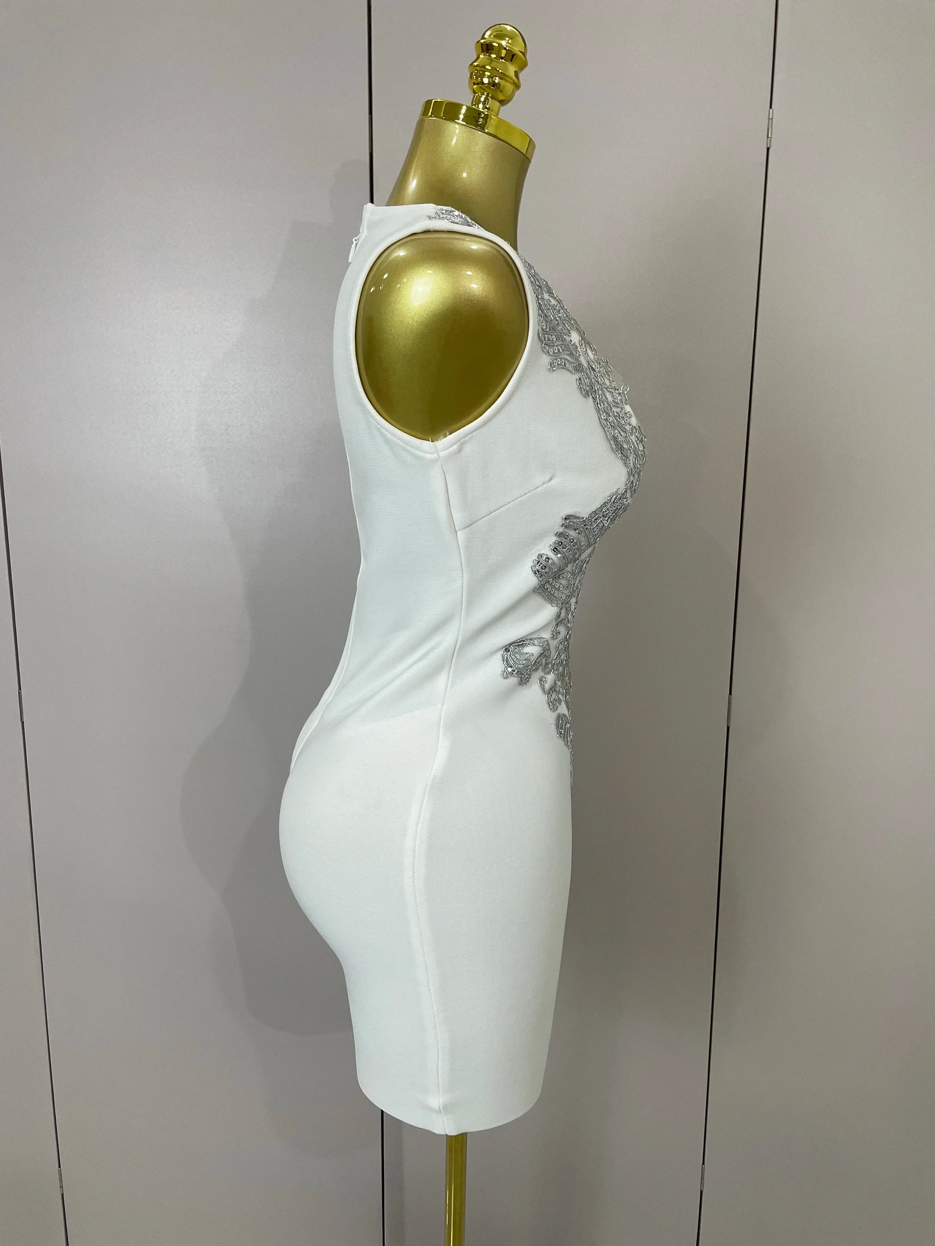 Sexy Silver Sequin White V Neck Cut Out Short Bandage Dress Women  Elegant Luxury Birthday Party Club Wedding Vestidos