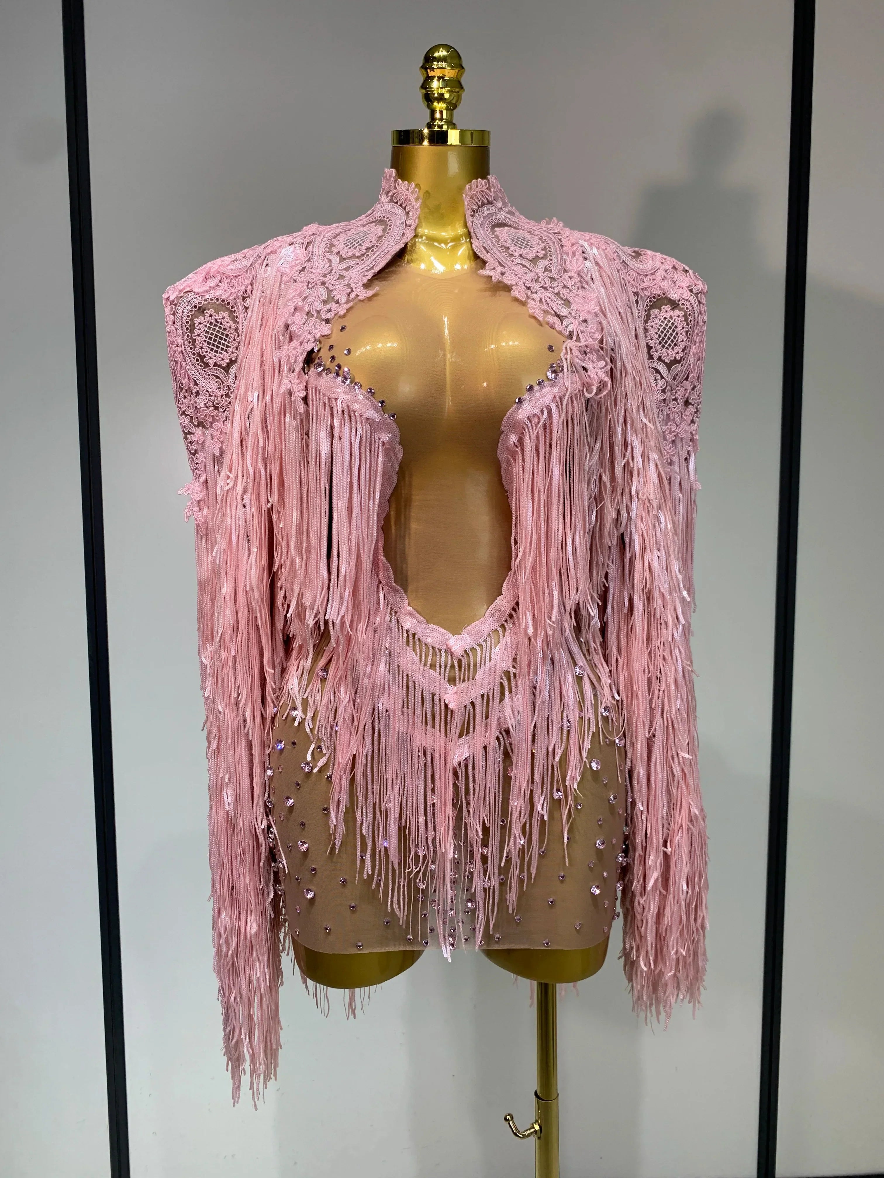 Women Sexy Transparent Long Sleeve Bodycon Dress Two Piece Set Luxury Sequin Fringes Evening Party Celebrity Performance Costume Pink