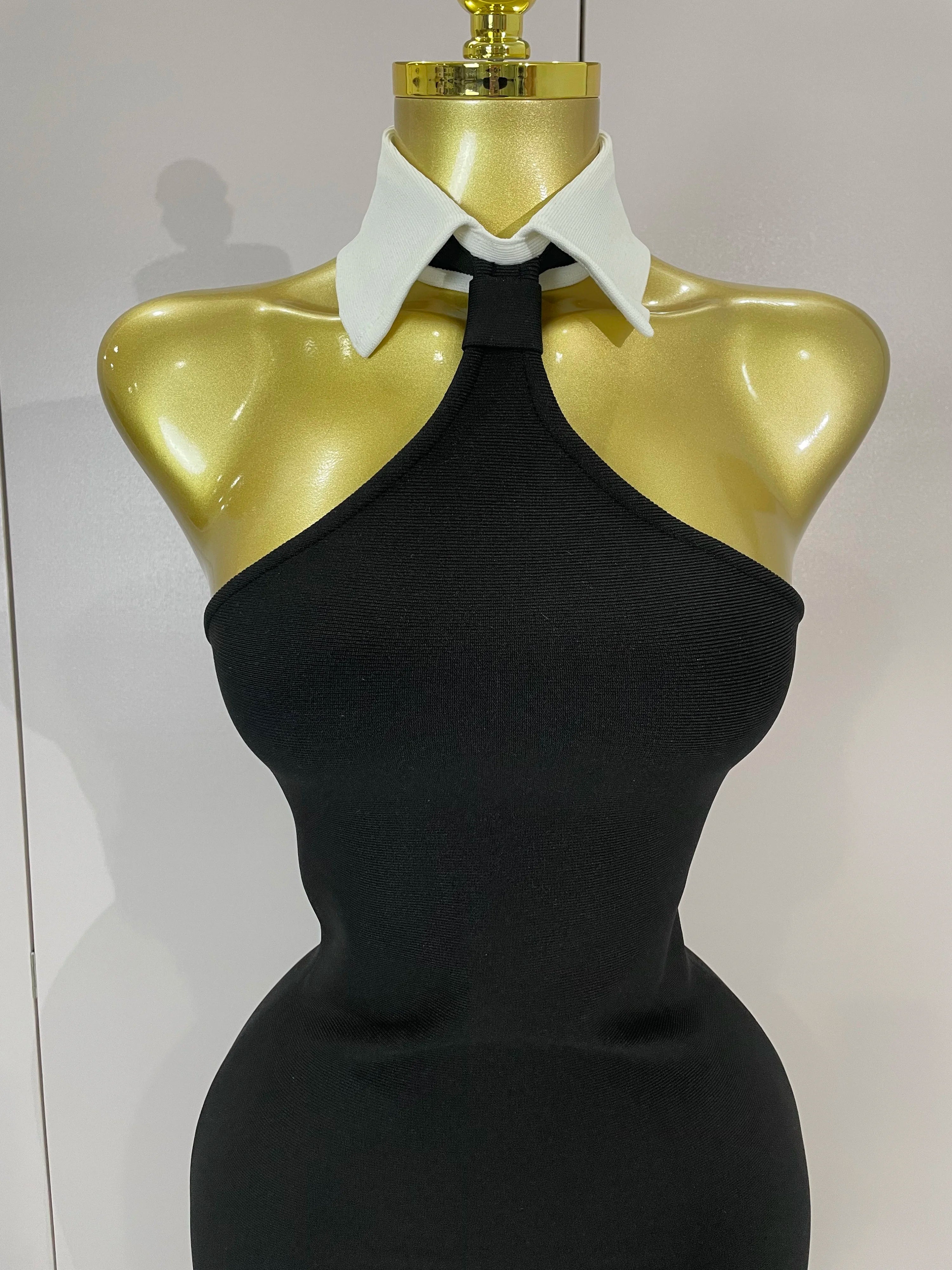 Sexy Backless White Shirt Collar Black Mini Bodycon Bandage Dress  Women Elegant Evening Club Party Luxury Birthday Dresses