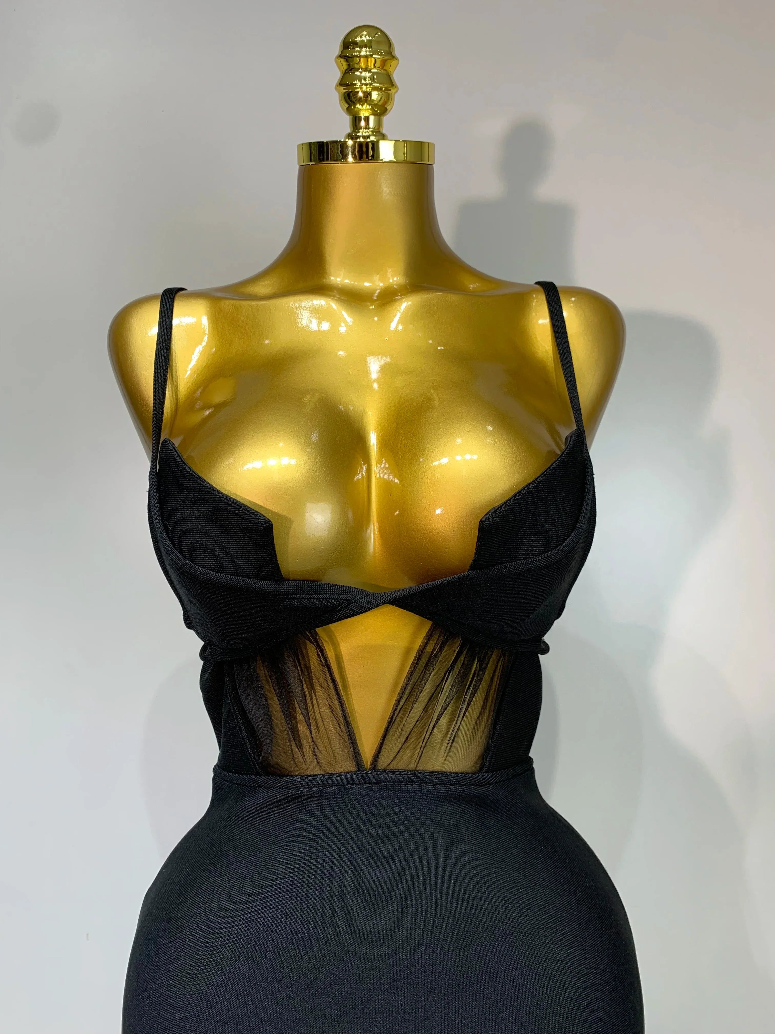 Fashion Black Spaghetti Strap Maxi Long Bandage Dress Mesh Cut Out Elegant Celebirty Bodycon Evening Club Party Birthday Dresses