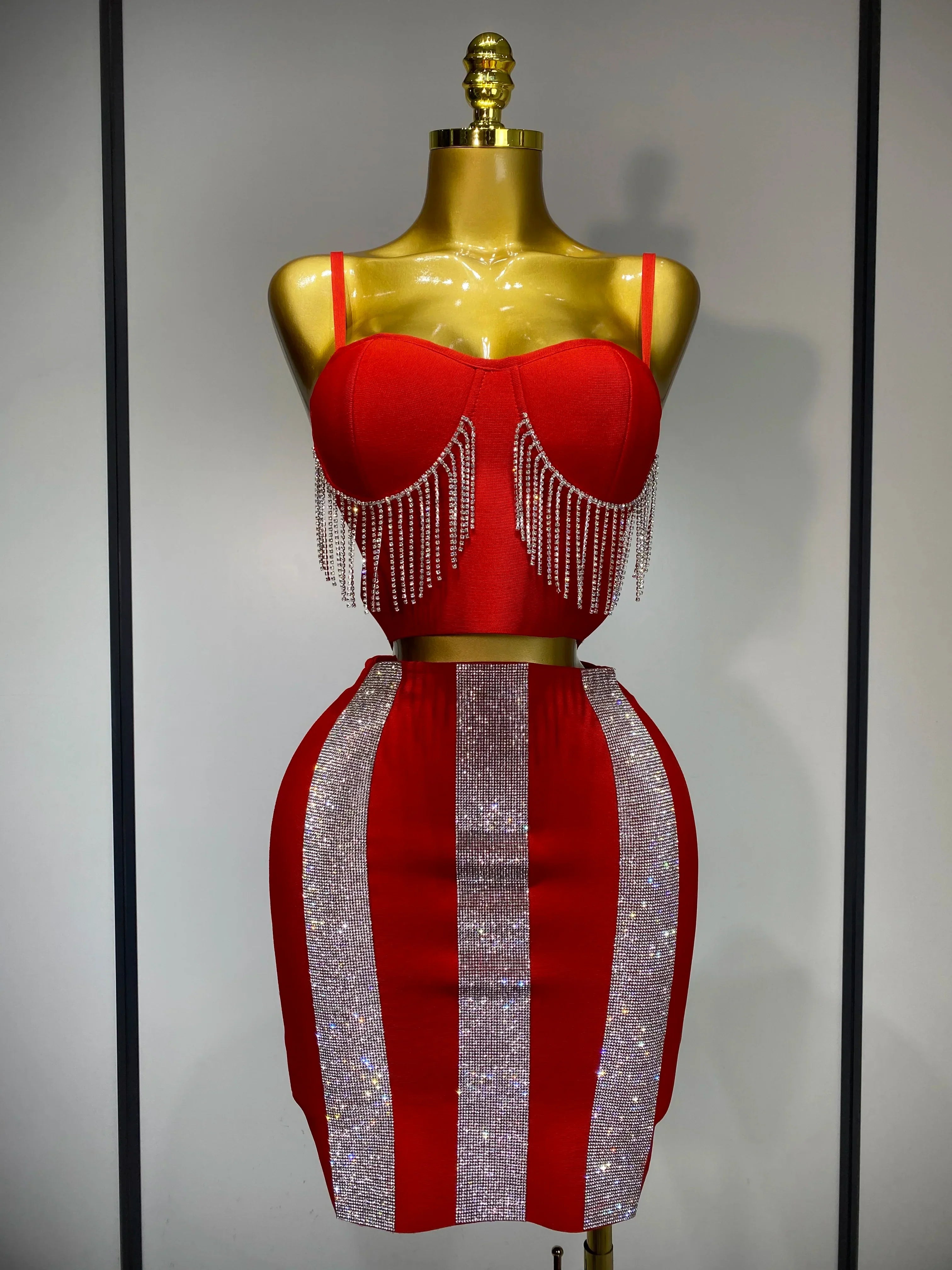 Women Sexy Sling Backless Tassels Bandage Skirt Two Piece Set Knitted Celebrity Elegant Evening Luxury Birthday Dresses Red
