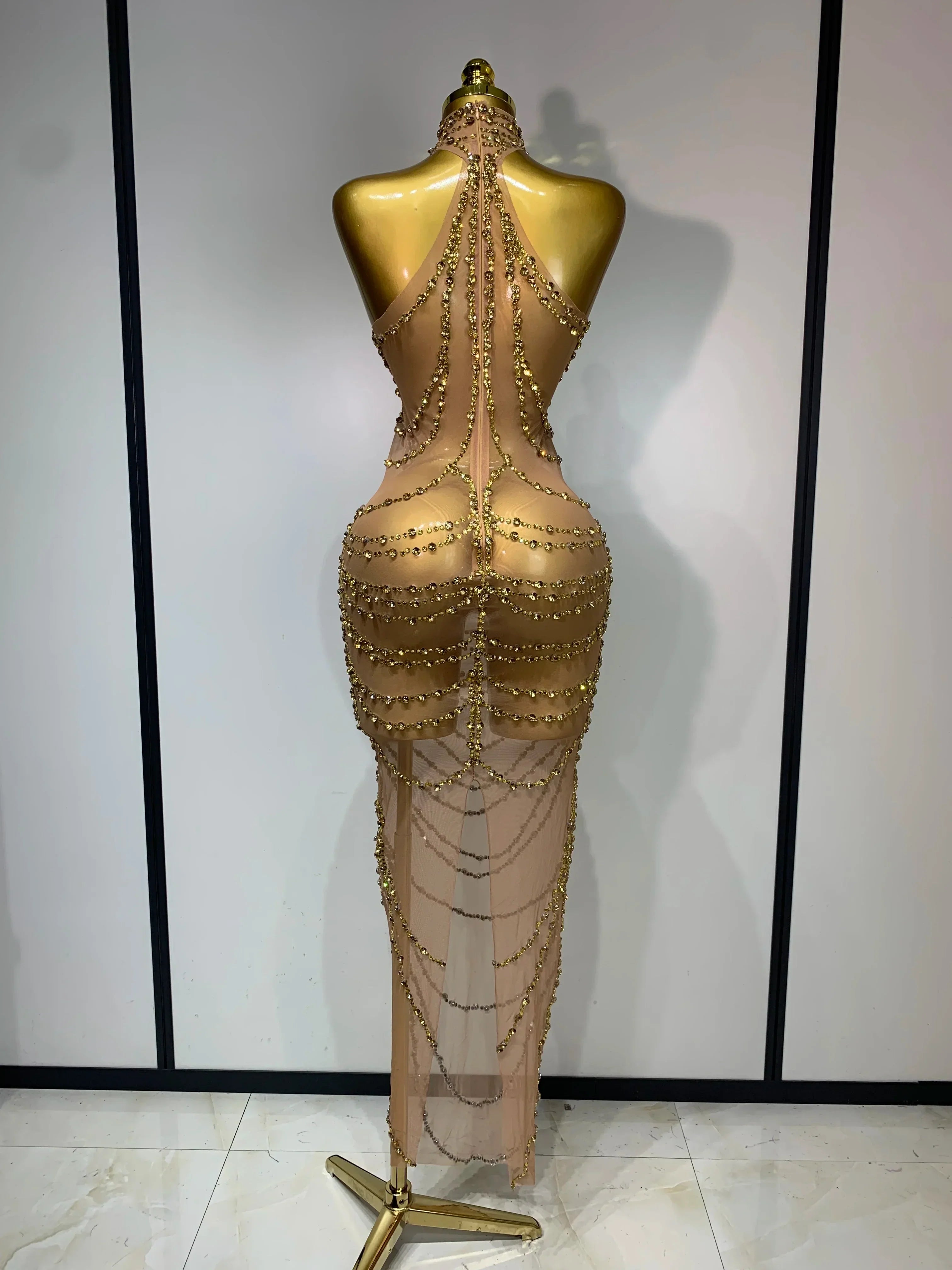 Sparkly Rhinestone Sexy Transparent Mesh Long Dress  Women Luxury Birthday Club Party Gown Stage Singer Performance Costume