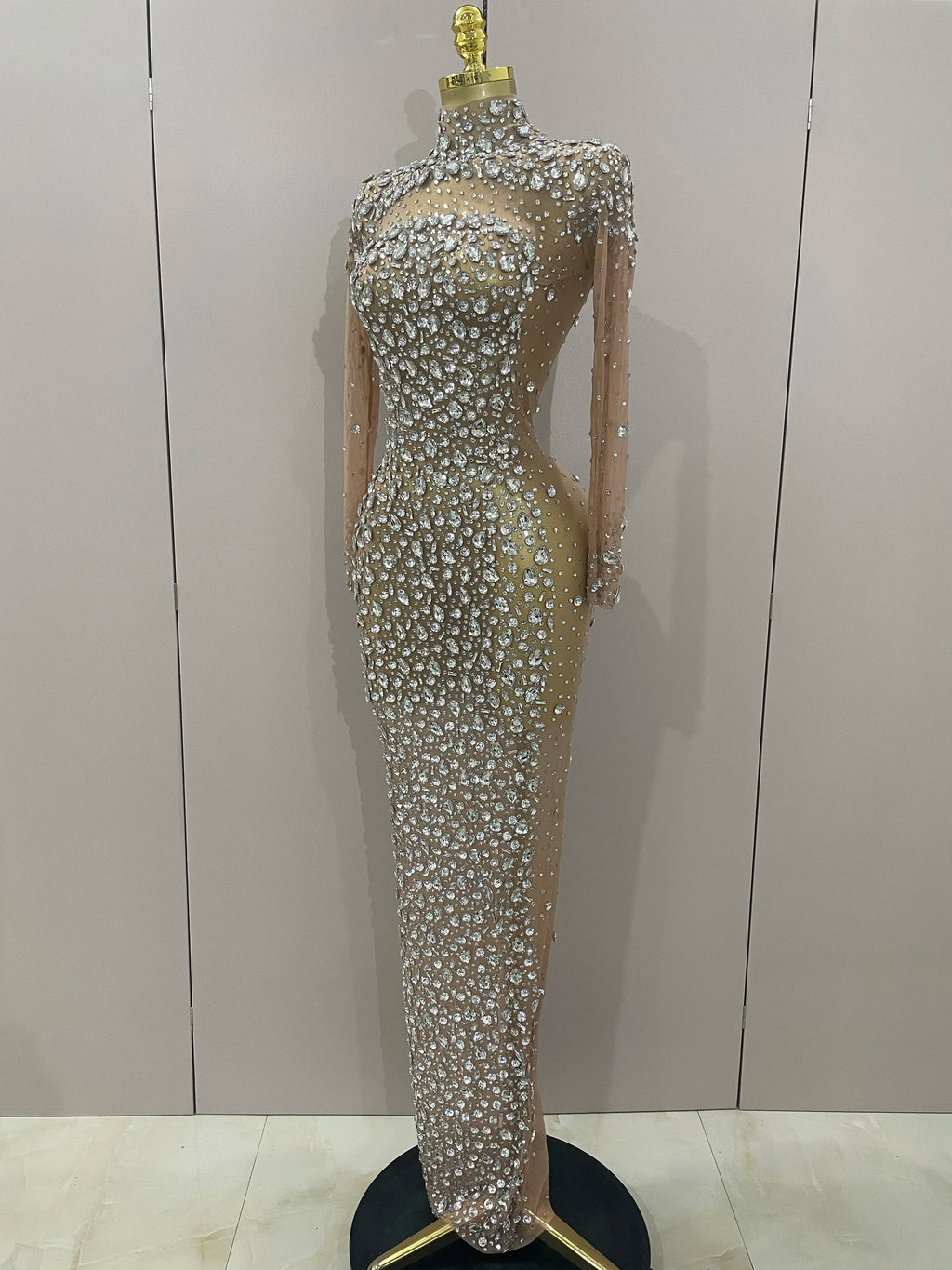 Sparkly Silver Big Rhinestone Sexy Transparent Long Dress  Women Evening Birthday Party Celebrate Club Dancer Stage Costume