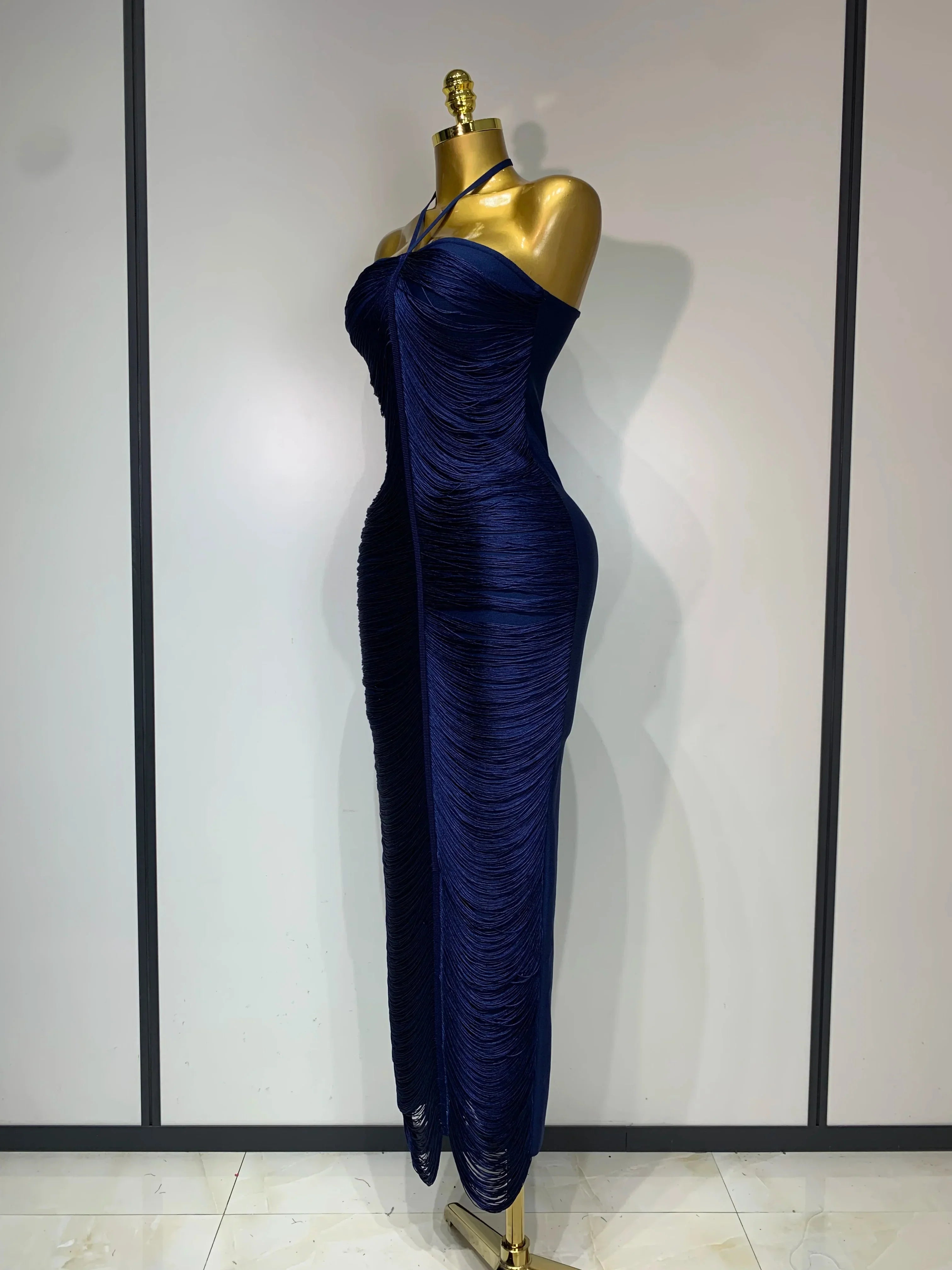 Women's Fashion Tassel Split Hanging Neck Bodycon Dress Elegant Celebrity Evening Party Luxuru Birthday Wedding Guest Dress