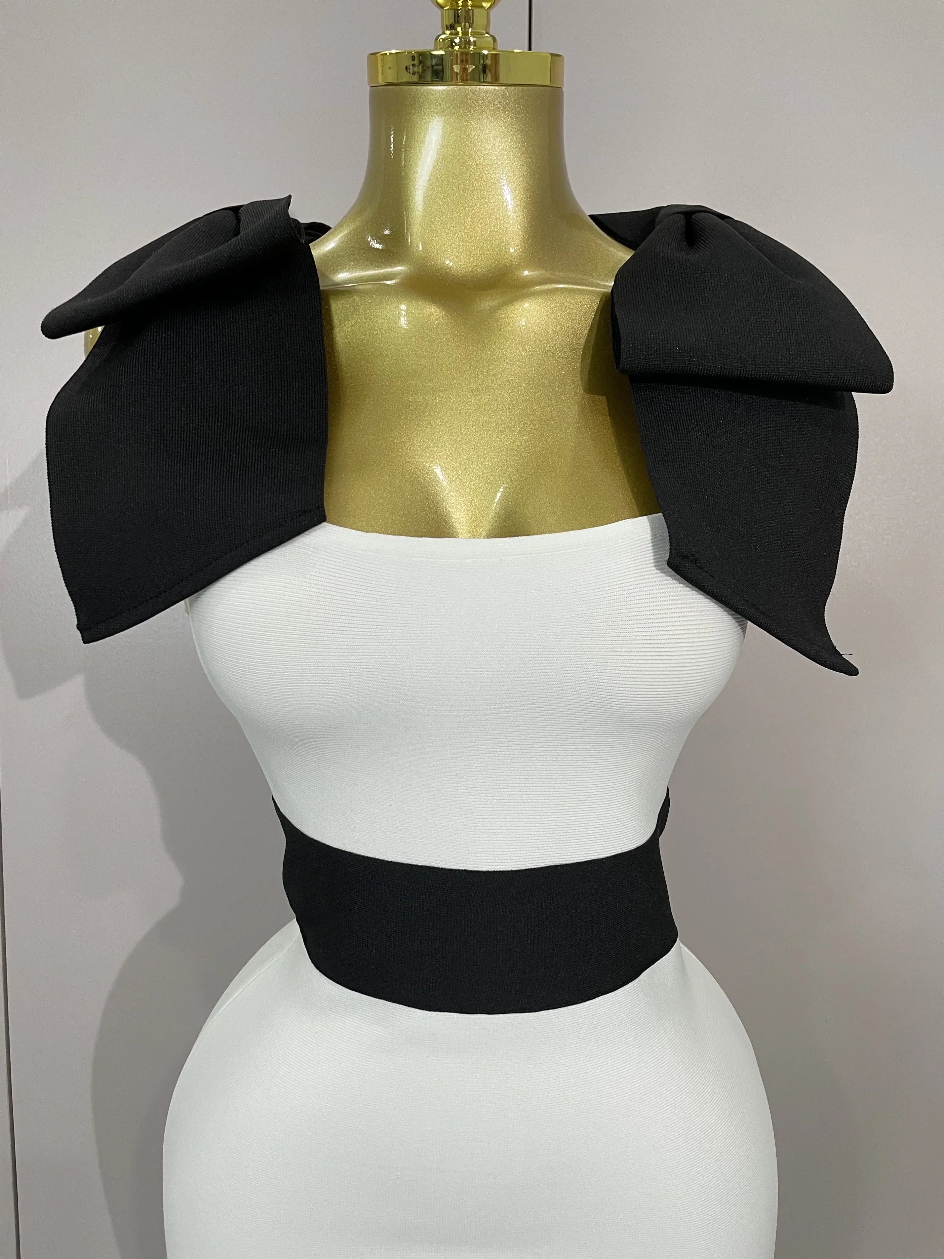 Sexy Bow Tie Black White Patchwork Bodycon Bandage Dress  Women Celebrity Elegant Evening Club Party Birthday Dresses