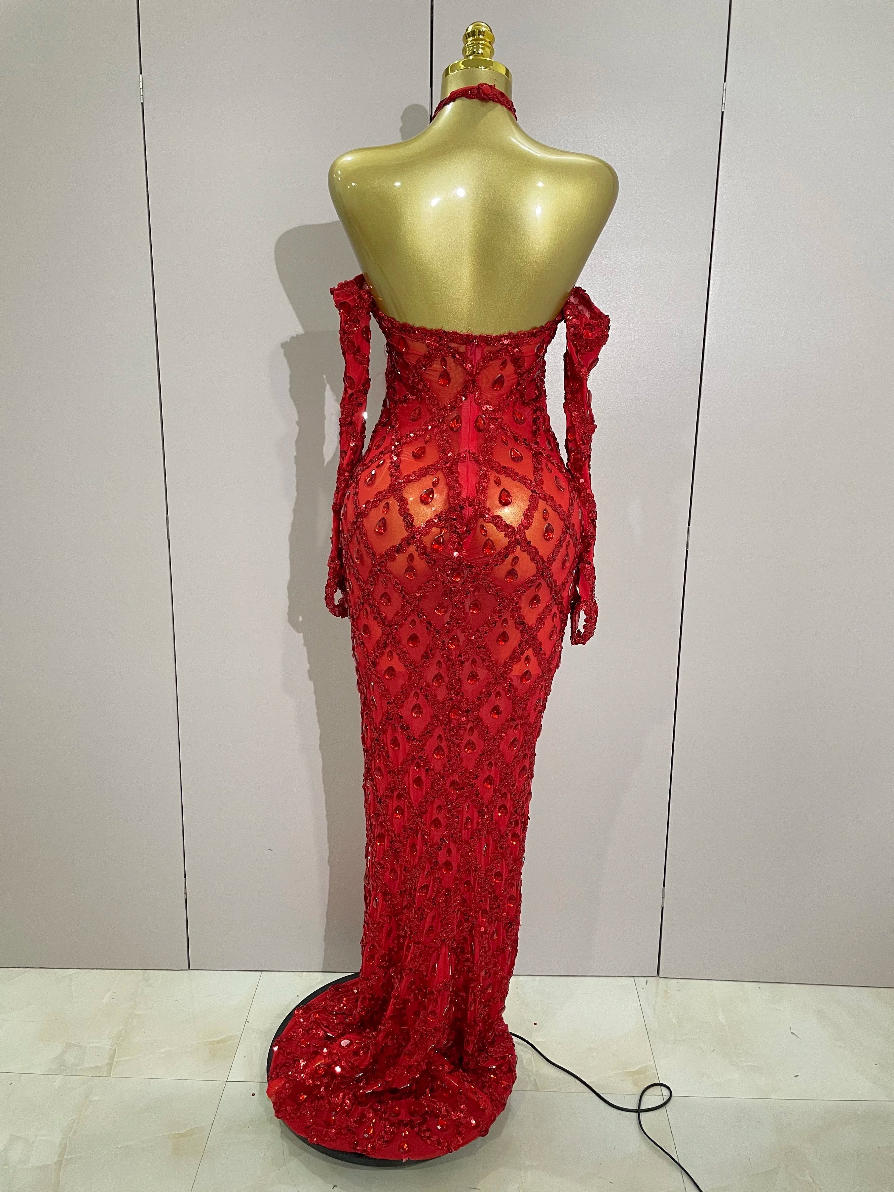 Sexy Sparkly Rhinestones Halter Mesh Long Dress With Gloves  Women Celebrate Evening Wedding Prom Birthday Dress Shoot Wear