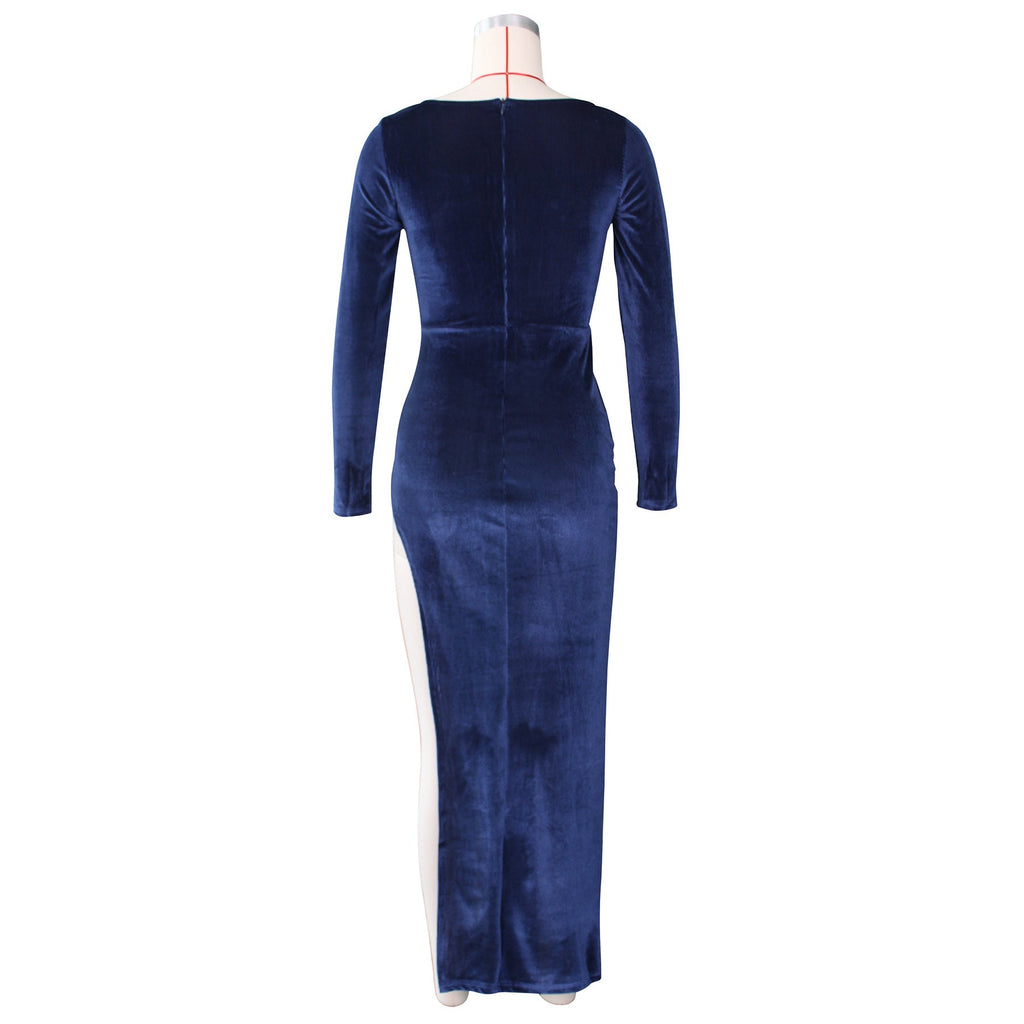 Elegant Velvet High Waist Slit Maxi Dress Long Sleeve Evening Party Dress