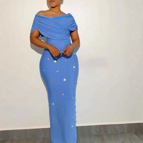 4 Colors Women Sexy Slash Neck Off the Shoulder Shinning Crystal Bodycon Long Bandage Dress Celebrate Birthday Party Outfit
