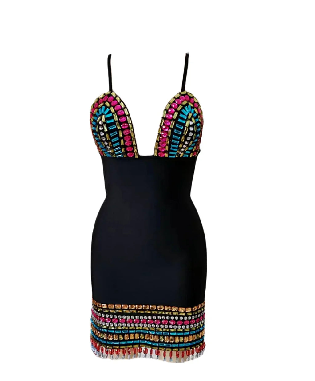 Colorful Diamonds Sexy V-Neck Spaghetti Strap Mini Bandage Dress Fashion Woman Evening Dress Holiday Vocation Vestido