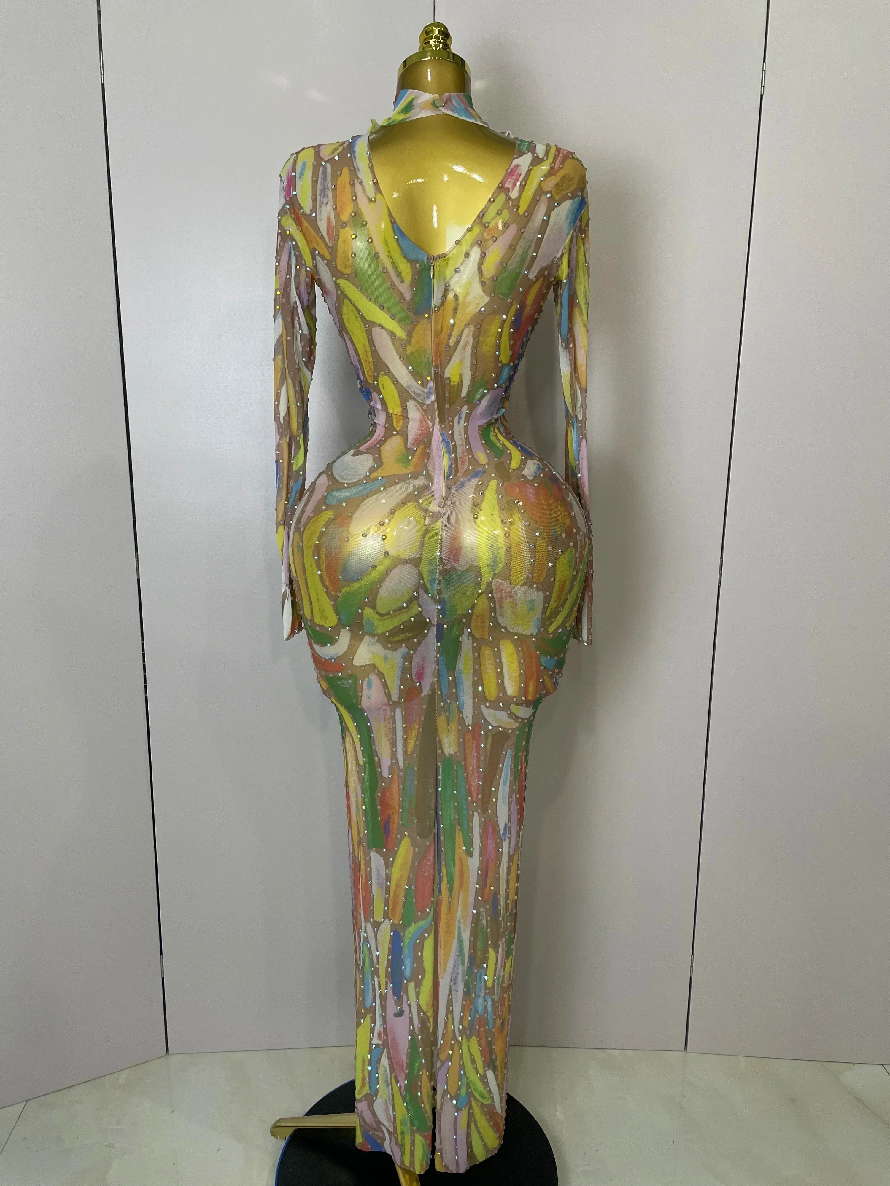 Sparkle Rhinestone High Neck Colorful Printed Long Dress Women Sexy Evening Birthday Celebrate Stage Performance Costume