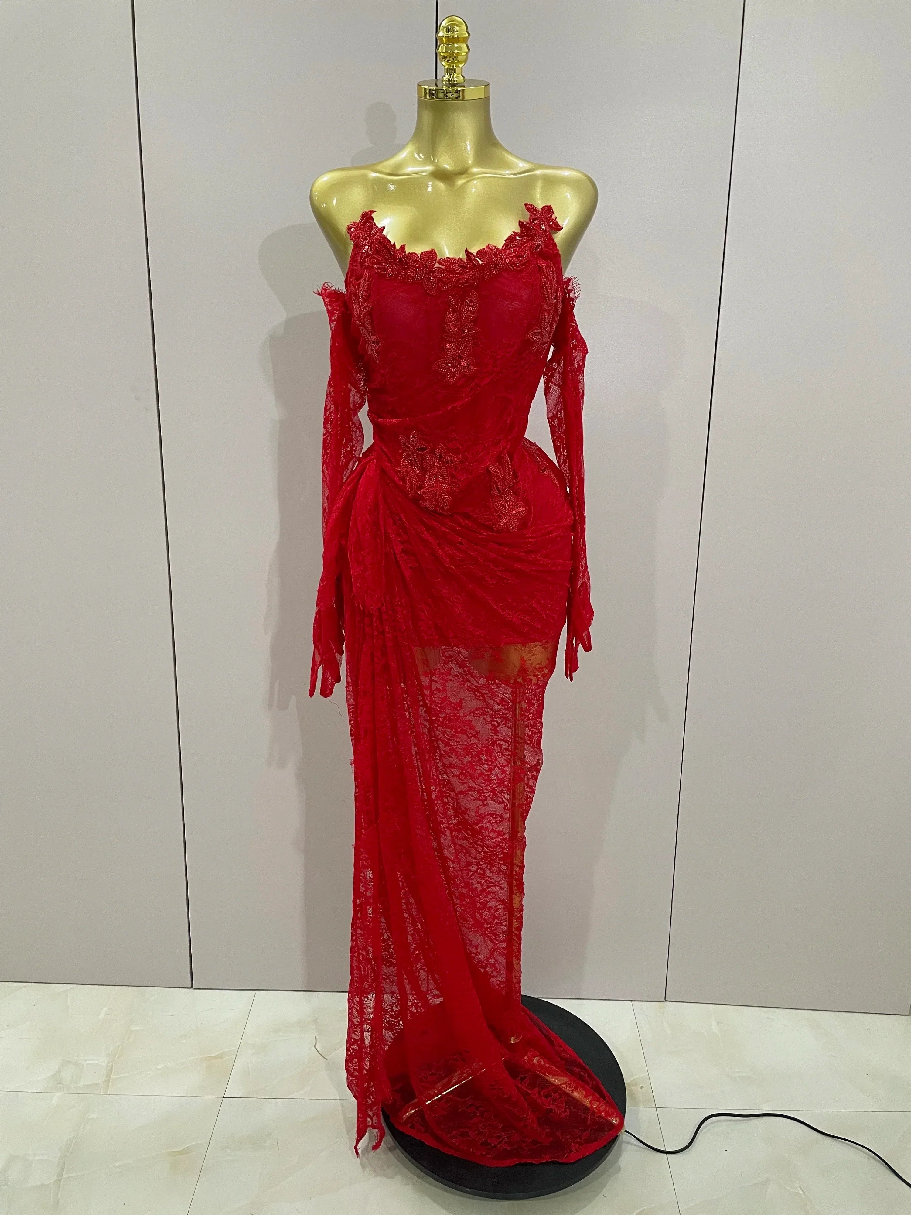 Women Sexy Strapless Backless Red Lace Split Maxi Long Bodycon Dress Celebrity Elegant Evening Club Birthday Party Outfit Red