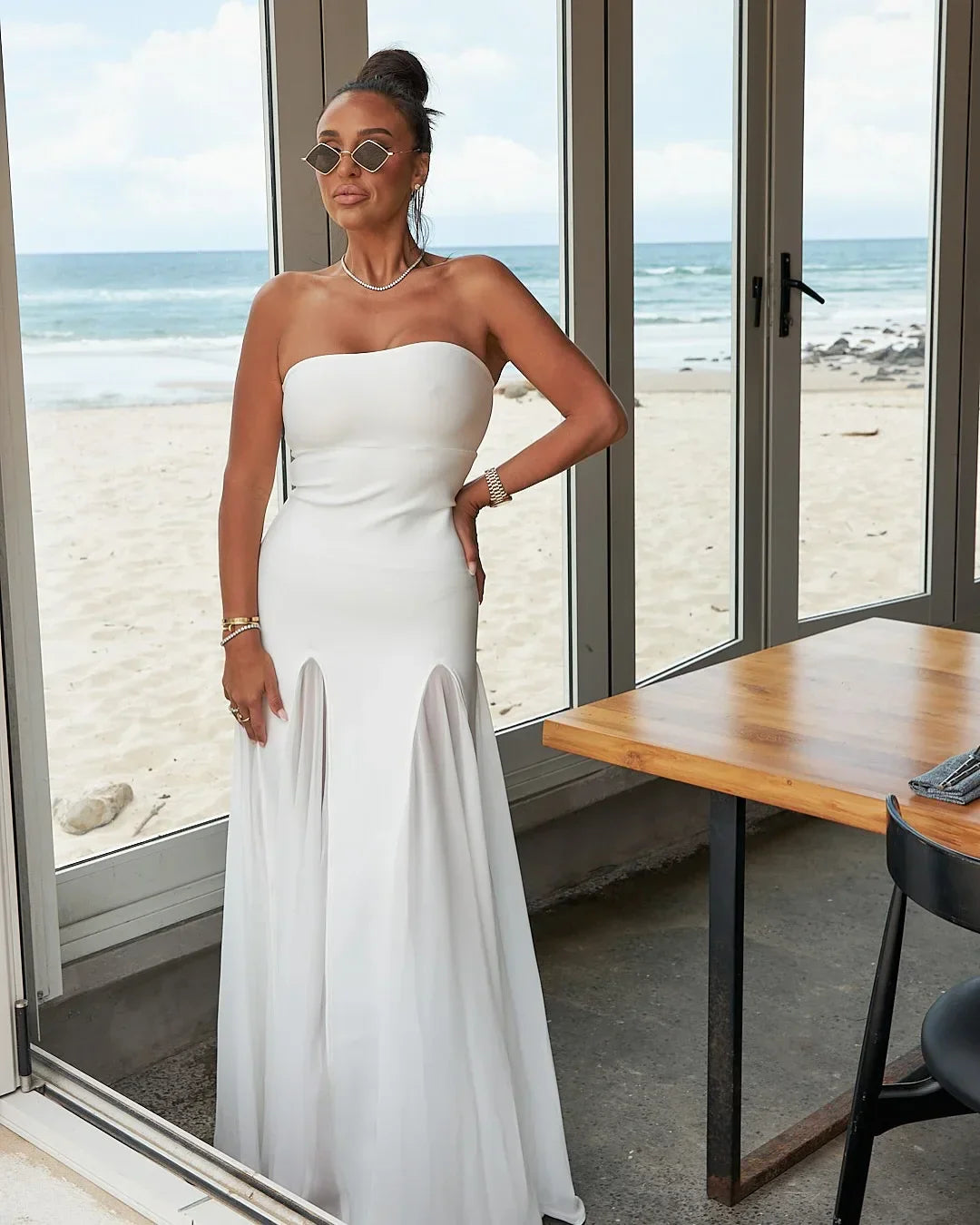 Black Color Women Sexy Strapless Off the Shoulder Mesh Long Bandage Dress Celebrate Evening Party Birthday Outfit Vestido WHITE