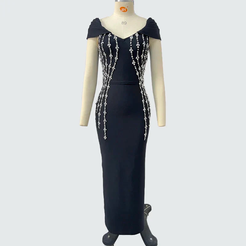 Shinning Crystal Women Sexy Short Sleeve V-Neck Bodycon Bandage Long Dress Elegant Evening Party Celebrate Outfit