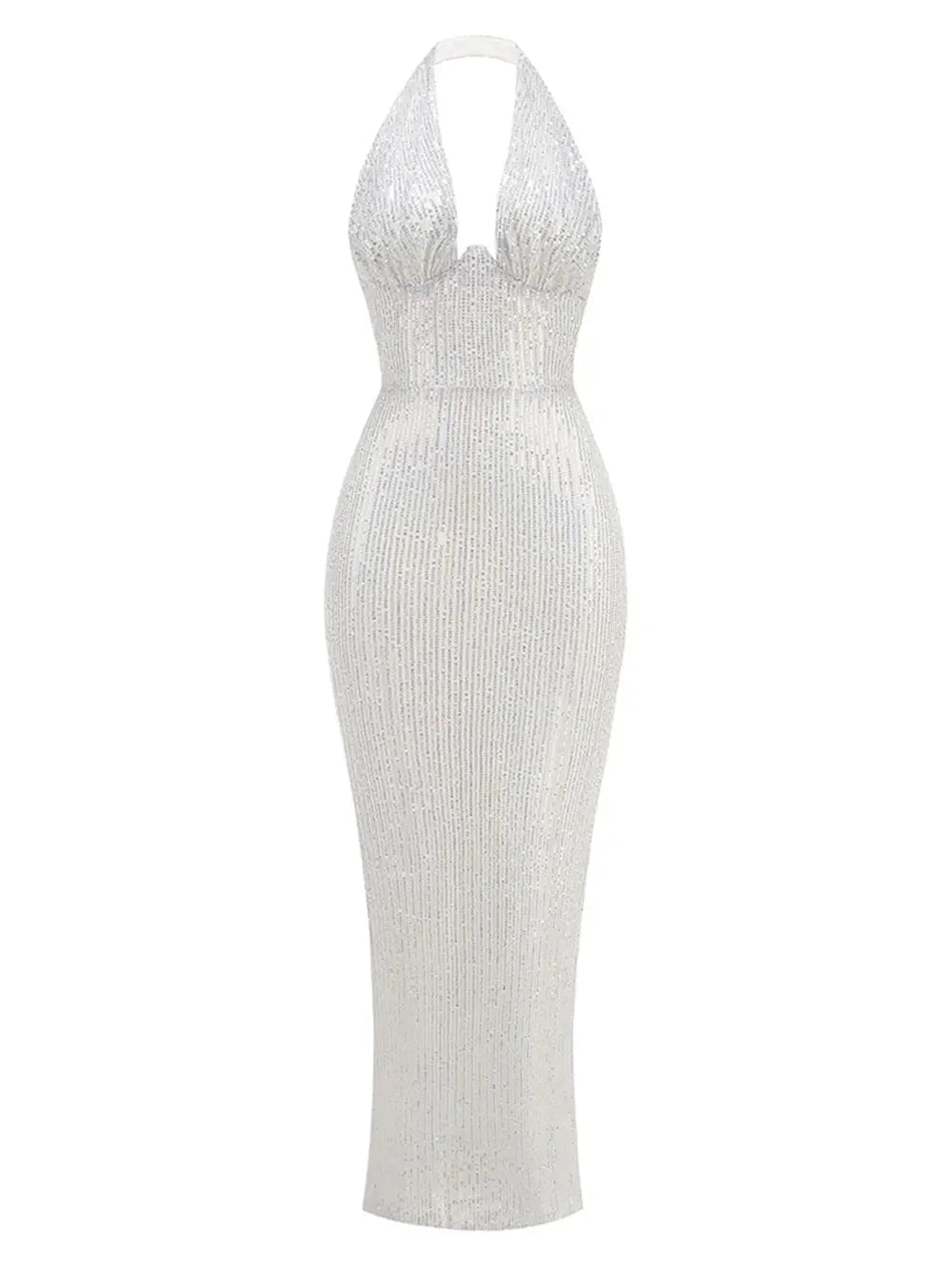 2024 Sexy Women's Maxi Red Sparkle Dress with Hanging Neck Sleeveless Bodycon Backless Long Dresses Evening Club Party Vestidos Silver