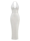 2024 Sexy Women's Maxi Red Sparkle Dress with Hanging Neck Sleeveless Bodycon Backless Long Dresses Evening Club Party Vestidos Silver