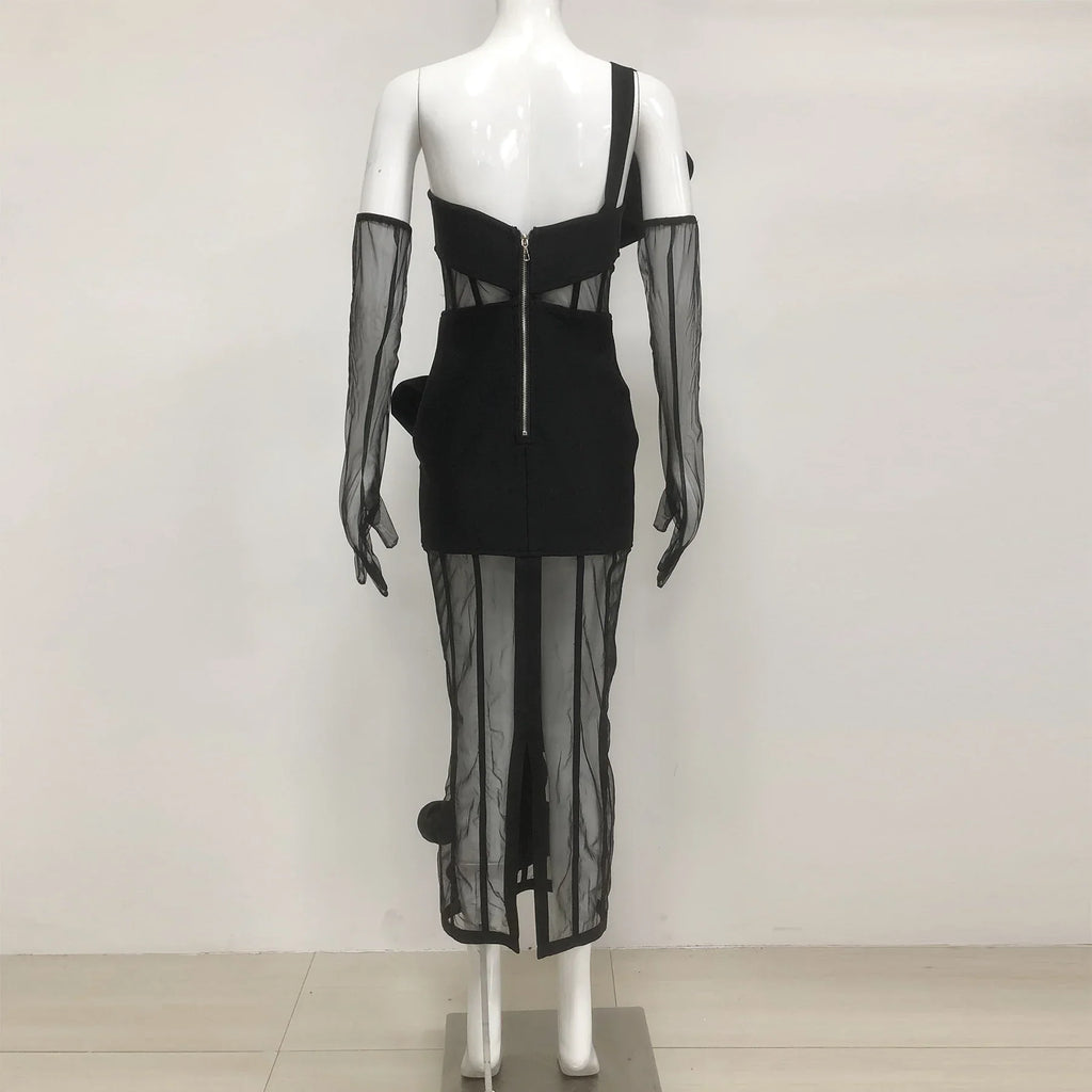 Women Sleeveless Sexy One Shoulder Floral Mesh See Through Bodycon Bandage Long Dress Celebrate Nightclub Party Wear